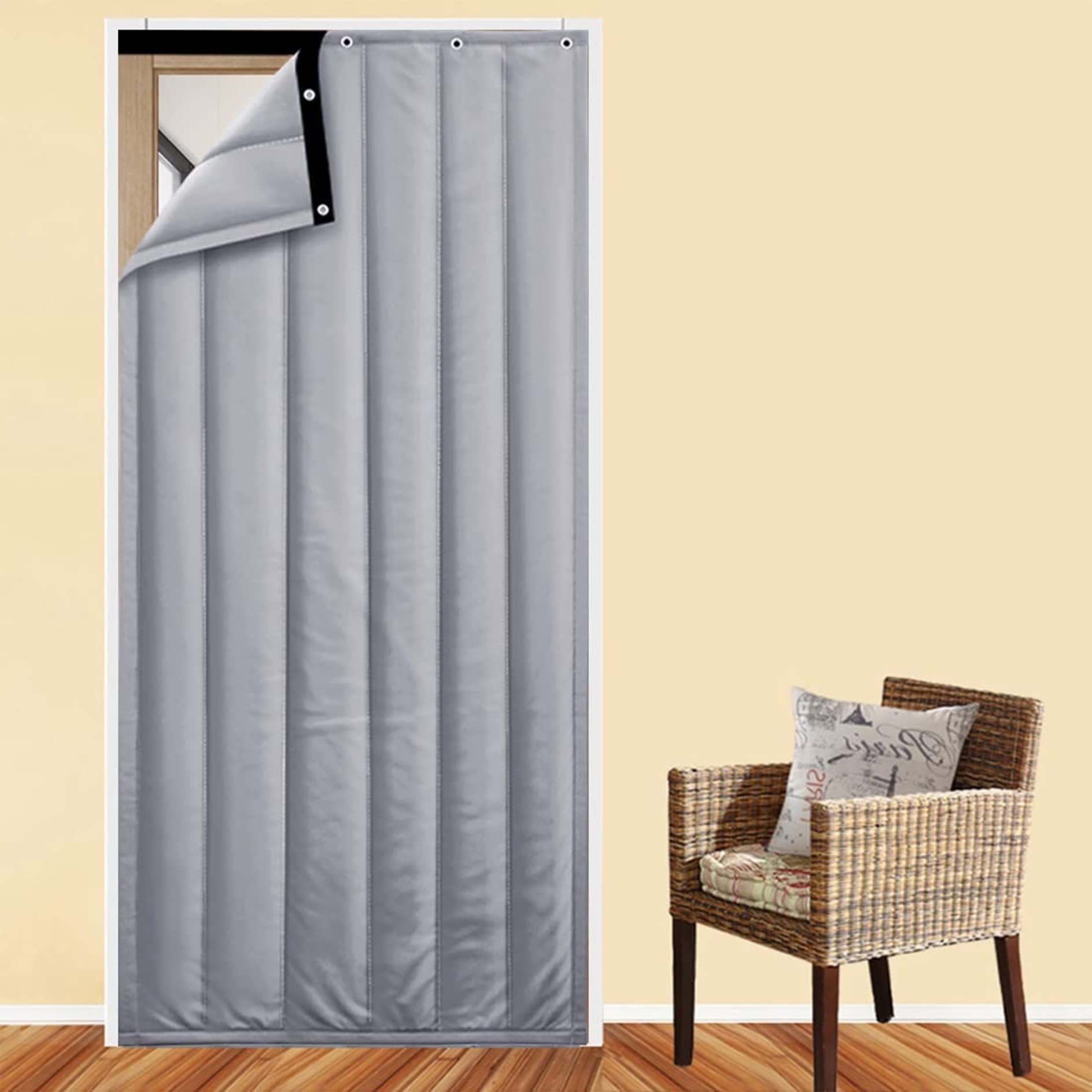 Rideau de Porte insonorisant 3 en 1, occultant, Thermique, Coupe-Vent, séparateur de pièce, Gris, 70 x 200 cm