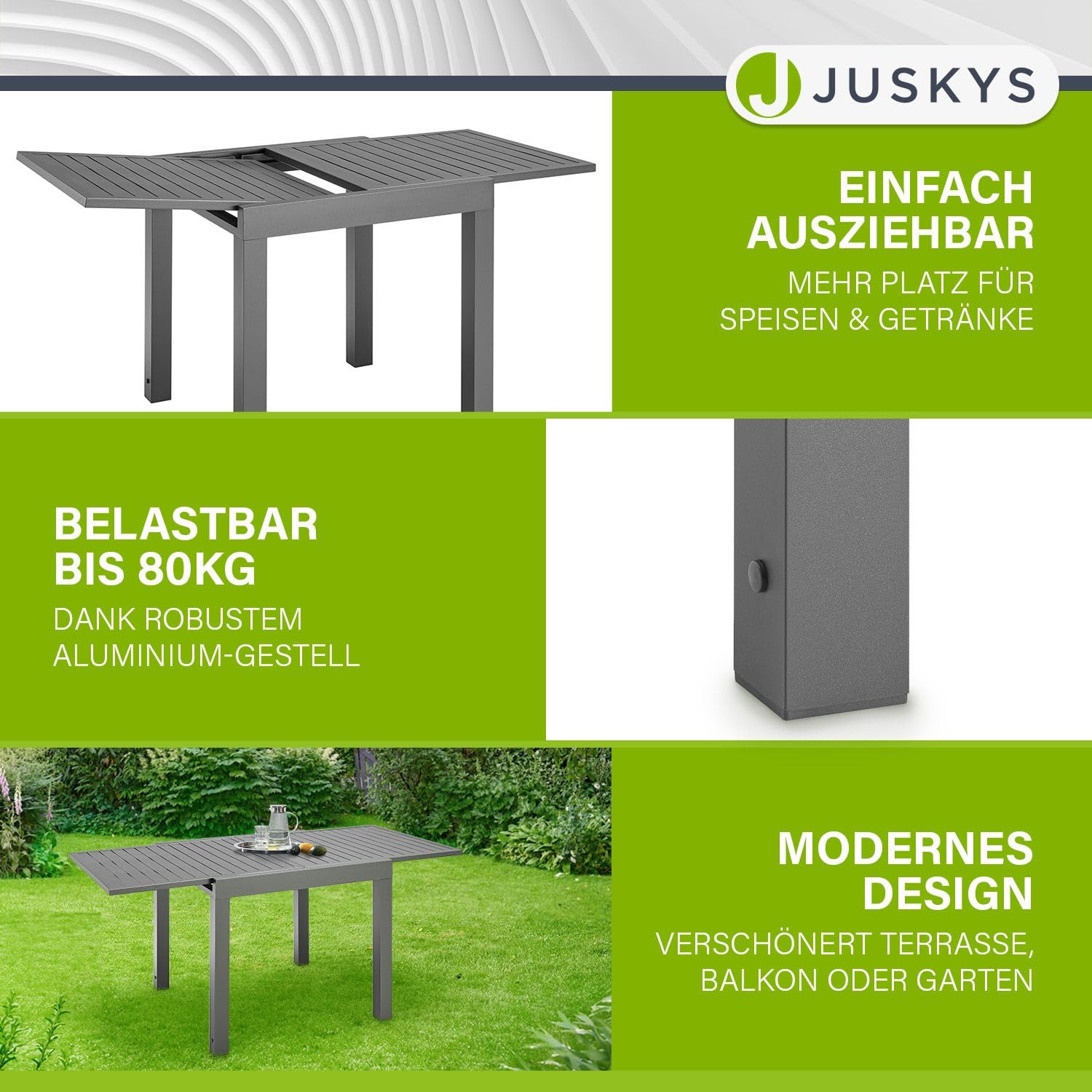 Juskys Gartentisch Laki 70x70 cm ausziehbar - Aluminium Esstisch zum Ausziehen - große Tischplatte - Alu Tisch Balkonmöbel Gartenmöbel Anthrazit