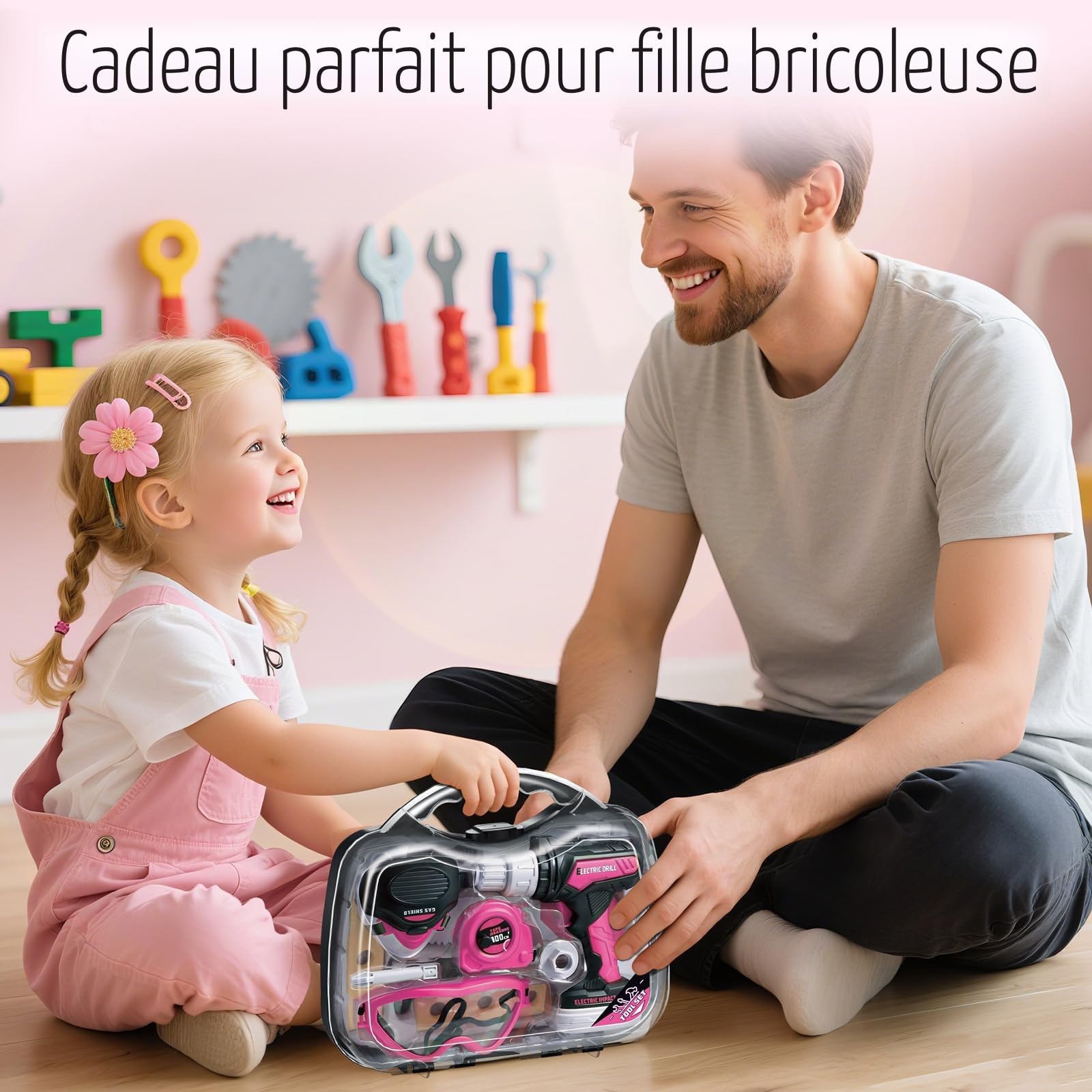 KidBloom Jouet Fille 3 Ans, Boite a Outils Enfant Rose avec Perceuse Électrique, Boîtes à Outils & Gilet, Jouet Enfant 3 4 5 Ans Fille