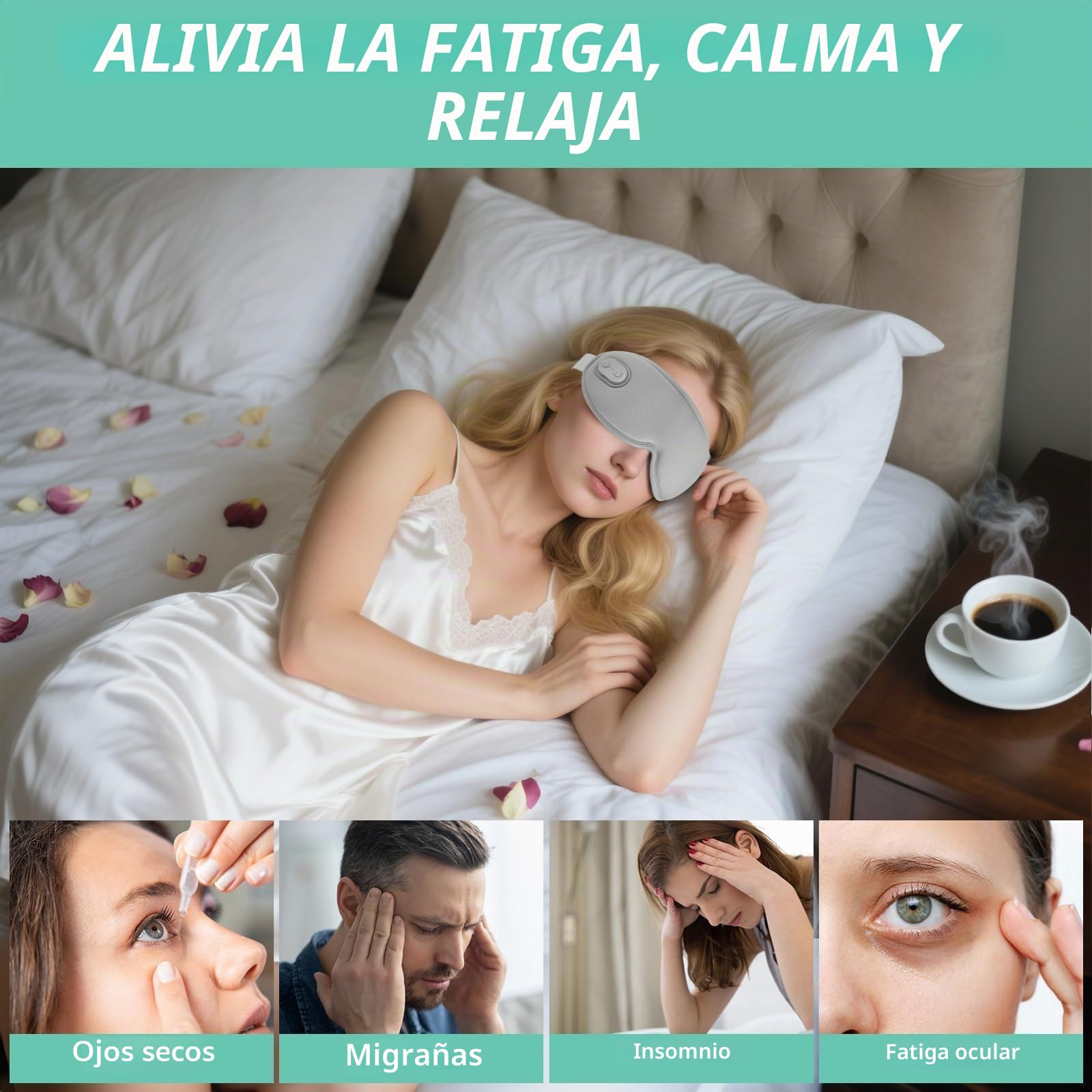 VINTEAM Máscara de Ojos Calentada 3D Mascarilla de Ojos con 3 Niveles de Calor, Temporizador de 3 Modos Máscara Ocular Térmica Recargable con 1200mAh Batería Alivia Fatiga Ocular para Hombre Mujer