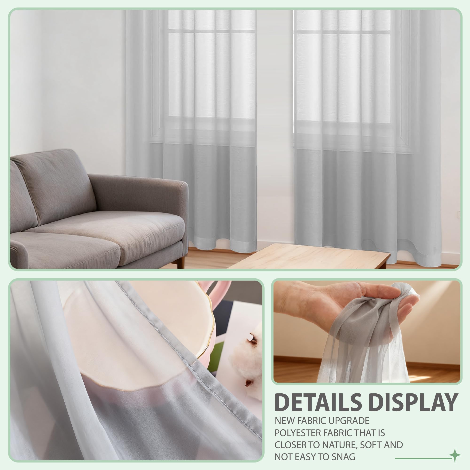 Voile Tenda 200 x 270 cm Semi Trasparente Moderne Tende Eleganti per Camera da Letto Cucina Cameretta Bambini Soggiorno, Grigio Chiaro