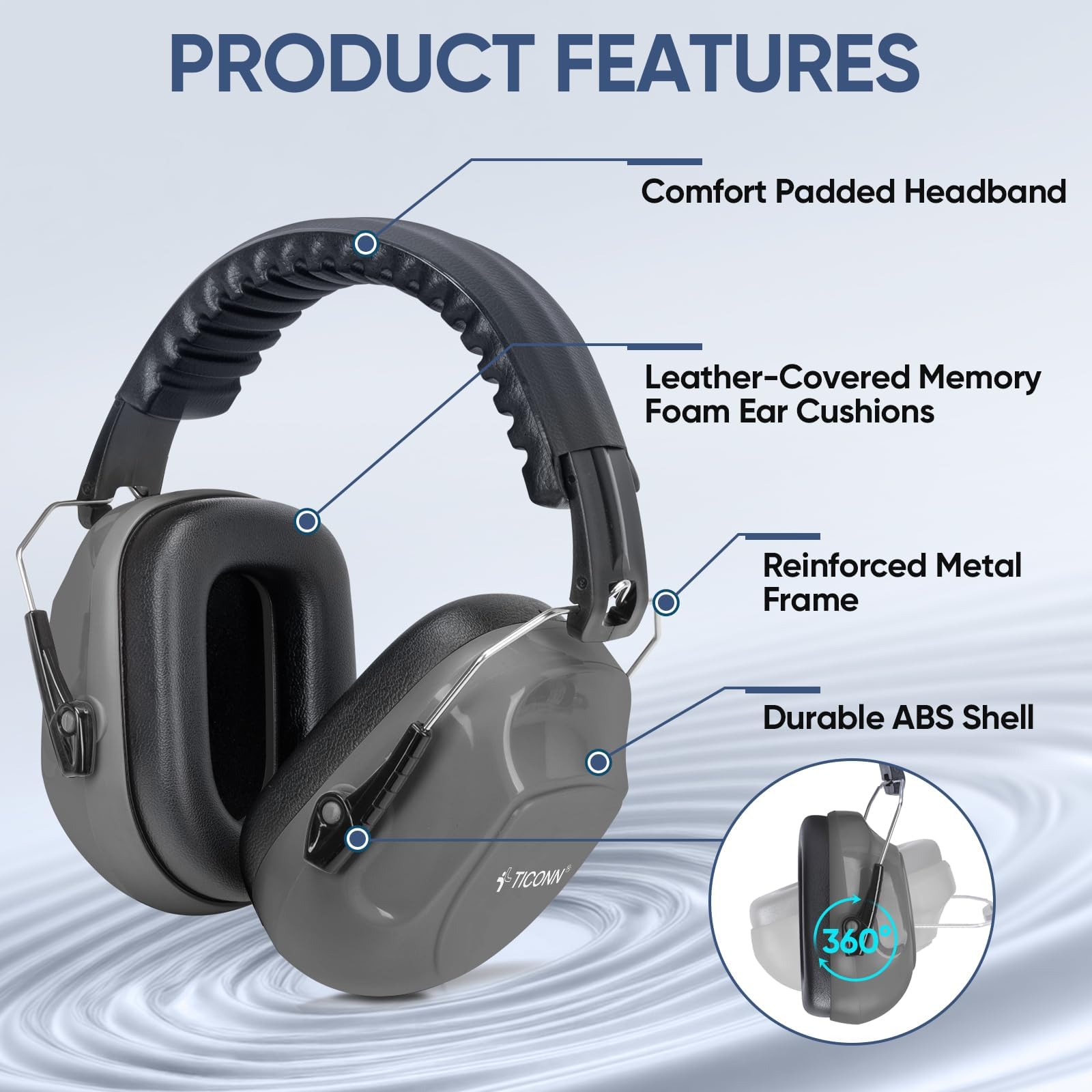 TICONN Noise Cancelling Ear Muffs for Adults, SNR 33dB Hearing Protection, Adjustable Safety Earmuffs for hunting, Construction (Dark Gray) view 4