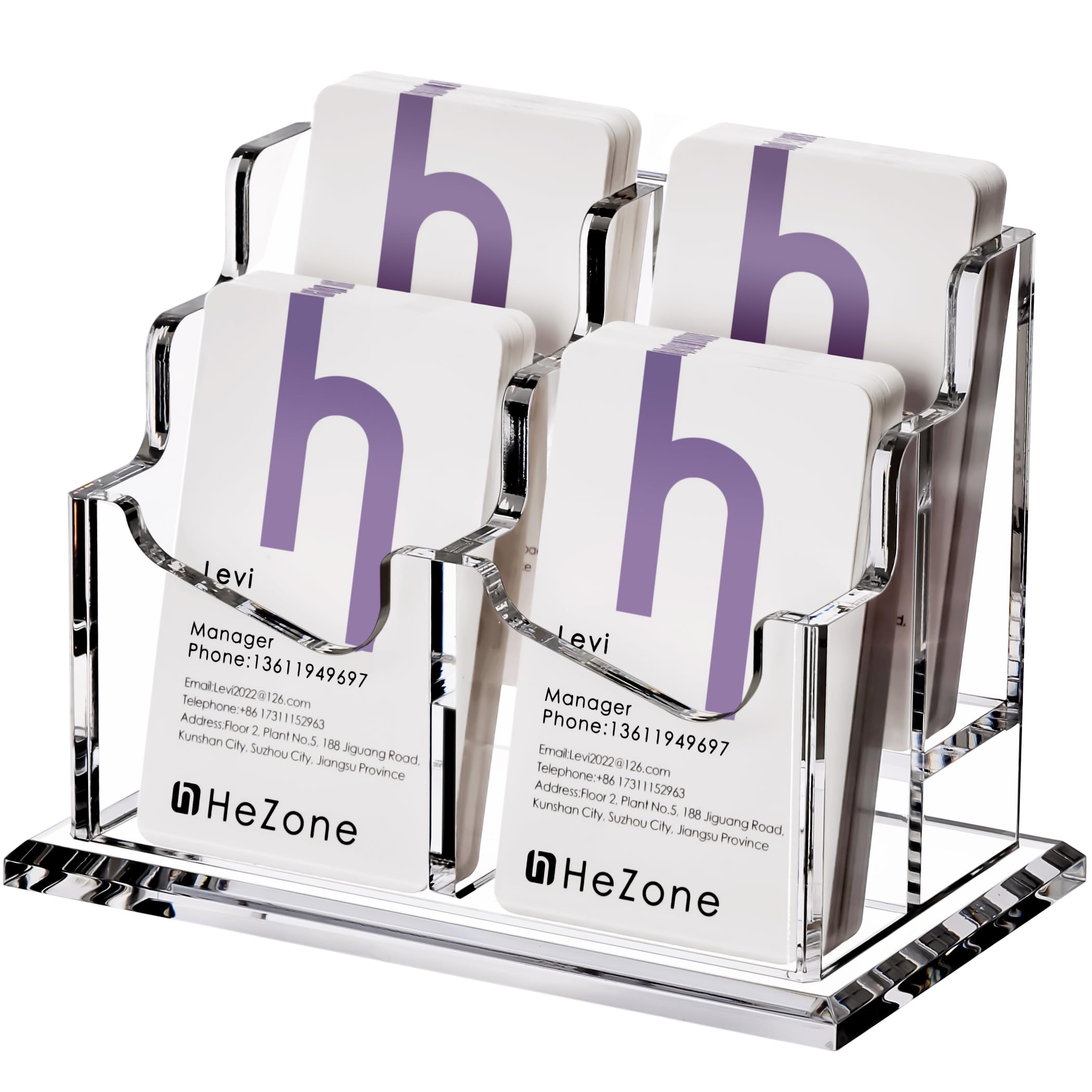 HeZone Business Card Holder Vertical Business Card Display for Desk 4 Slot Acrylic Cards Stand for Women and
