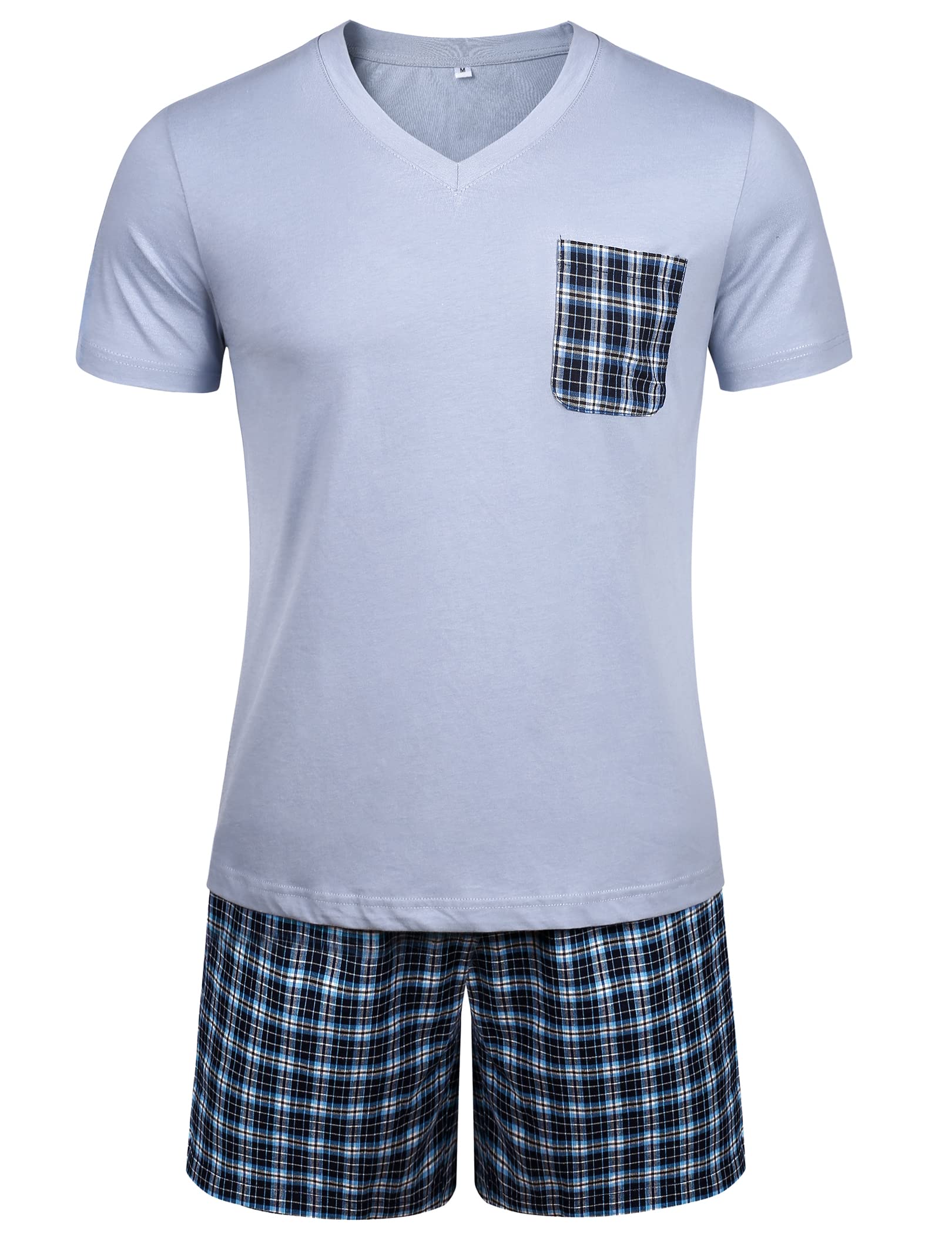 Winovia Herren Schlafanzug Kurz Pyjama Set aus 100% Baumwolle - V-Ausschnitt Kurzarm Shirt & Karierte Shorty Hose mit Gummibund - Atmungsaktive Nachtwäsche & Homewear für Sommer