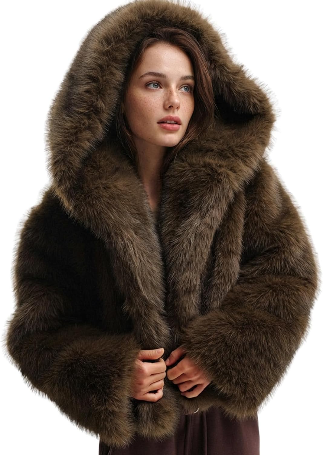 Wyeysyt Women's Faux Fur Coat with Hood Open Front Fluffy Short Coats Winter Warm Thick Cropped Hooded Shaggy Jacket