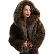 Wyeysyt Womens Faux Fur Coat with Hood Open Front Cropped Fluffy Jacket