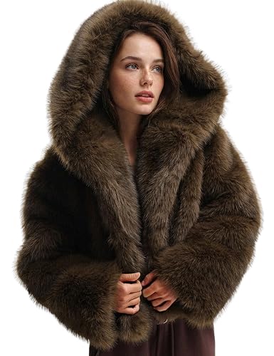 Wyeysyt Women's Faux Fur Coat with Hood Open Front Cropped Fluffy Jacket