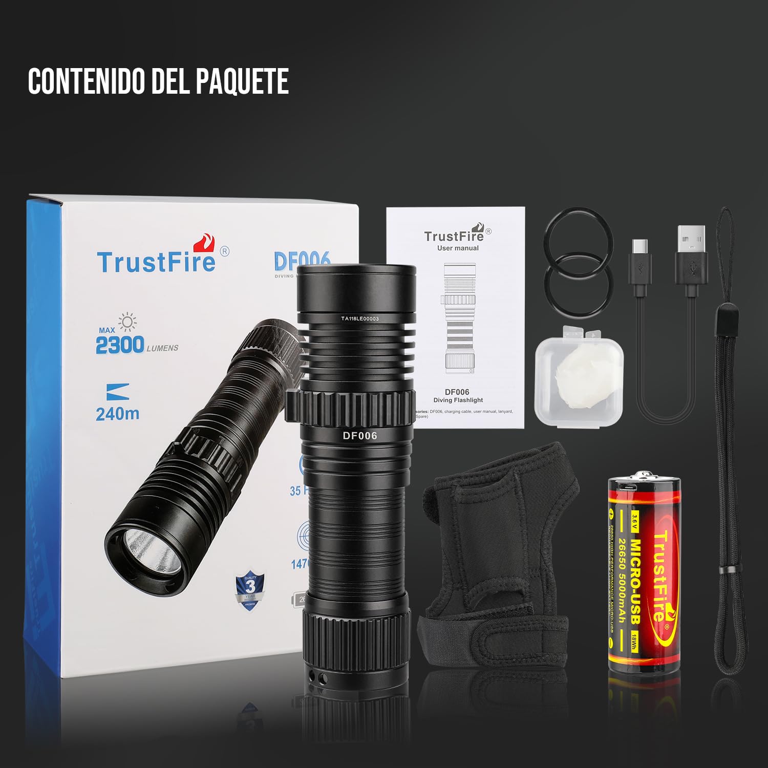 TrustFire DF006 Linterna De Buceo 2300 Lúmenes, IPX8 Impermeable Profesional Recargable Luz de Buceo para Cueva 100m Submarina de Noche, Para Buceo Pesca Camping Senderismo