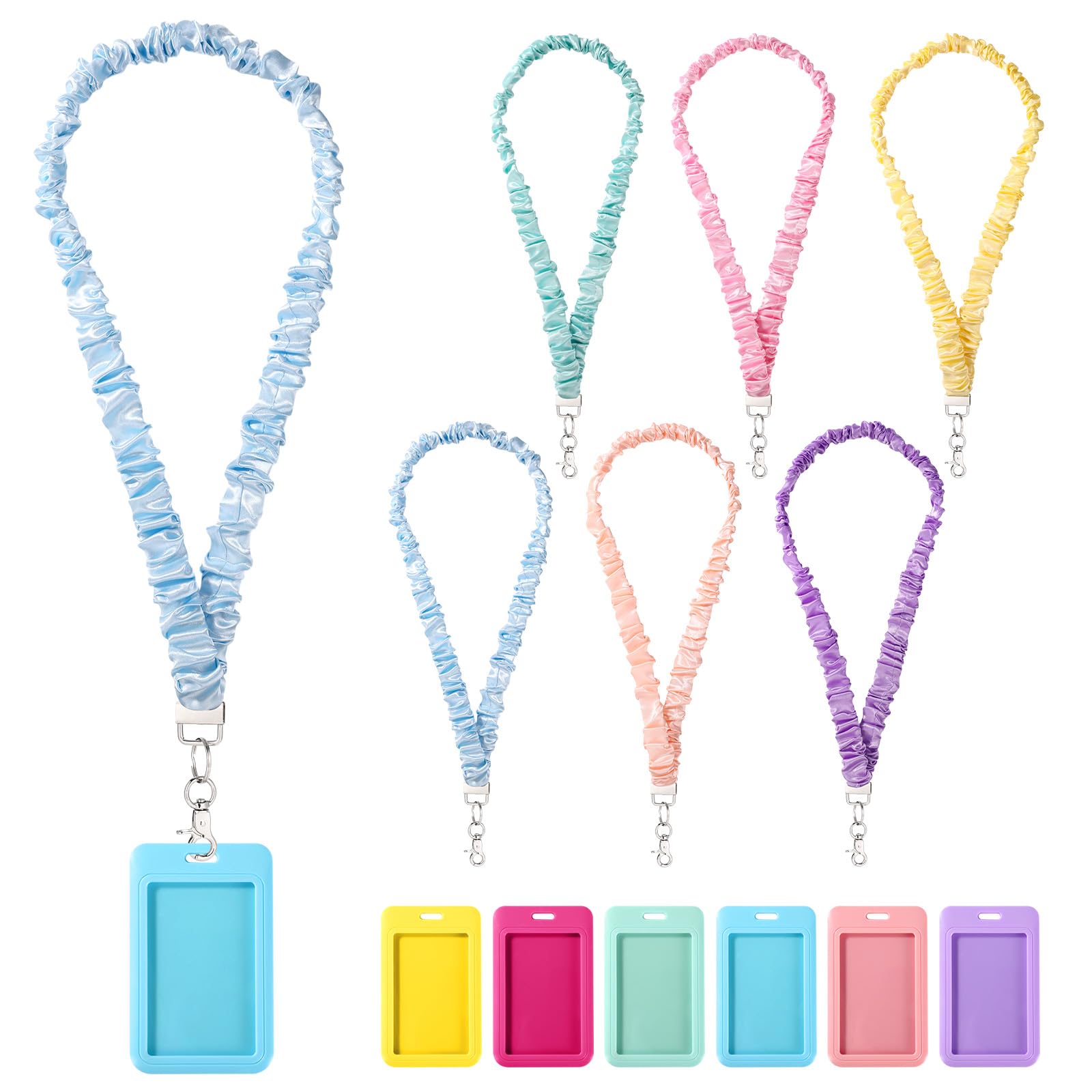 Sinbana 6pcs Teacher Scrunchie Lanyards with ID Badge Holders Set, Stretchy Breakaway Neck Lanyards with Card Holder Retractable Keychain for Women Office School Nurse & Teacher Appreciation Gifts