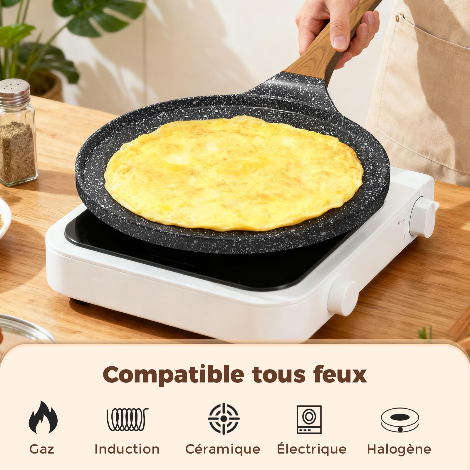 YASHE Crêpière 26 cm antiadhésive, non toxique, sans PTFE ni PFAS | Poêle plate en aluminium moulé avec répartiteur en bois; pour crêpes, pancakes, galettes, dosas et tortillas