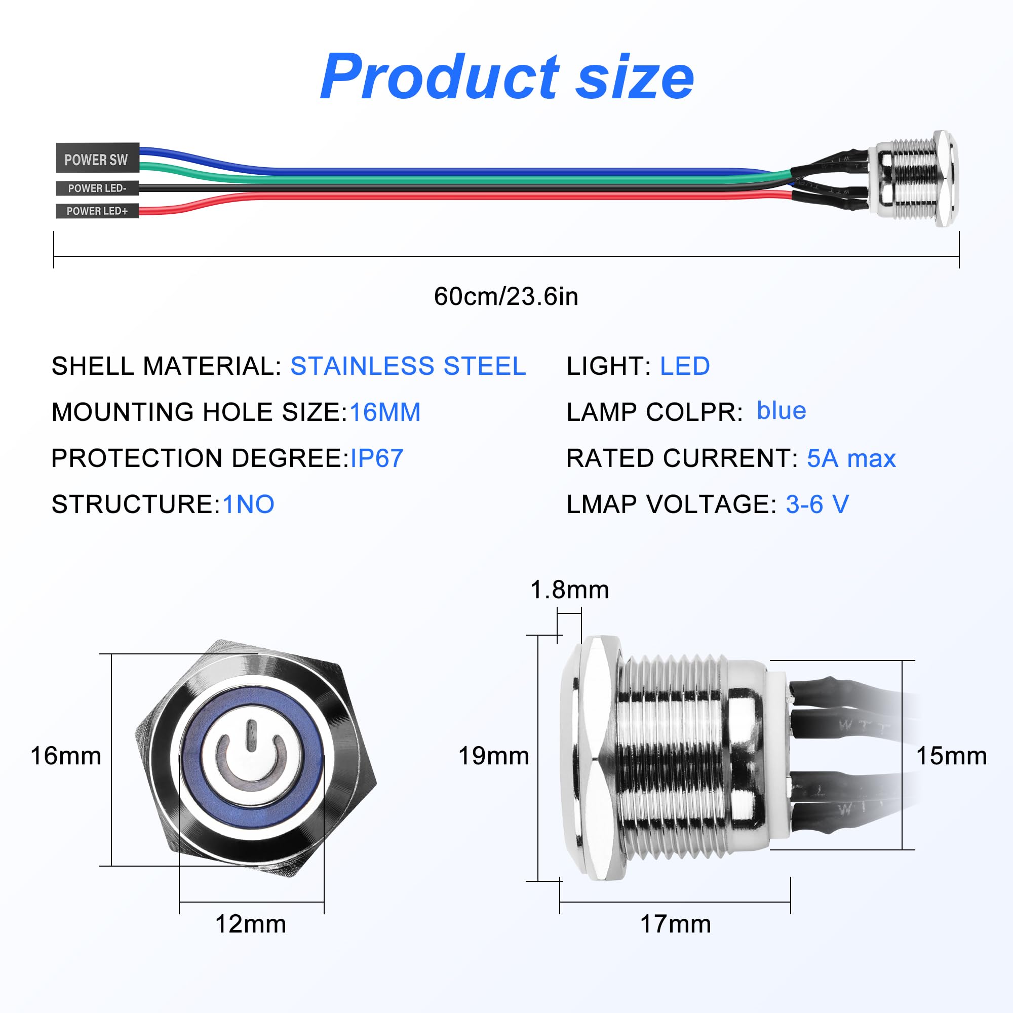 SinLoon Przełącznik komputerowy DIY przycisk zasilania 16 mm LED PC przełącznik zasilania z rozdzielaczem 1 w 2 niklowany aluminiowy przycisk mechaniczny IP67 wodoodporny (niebieskie podświetlenie