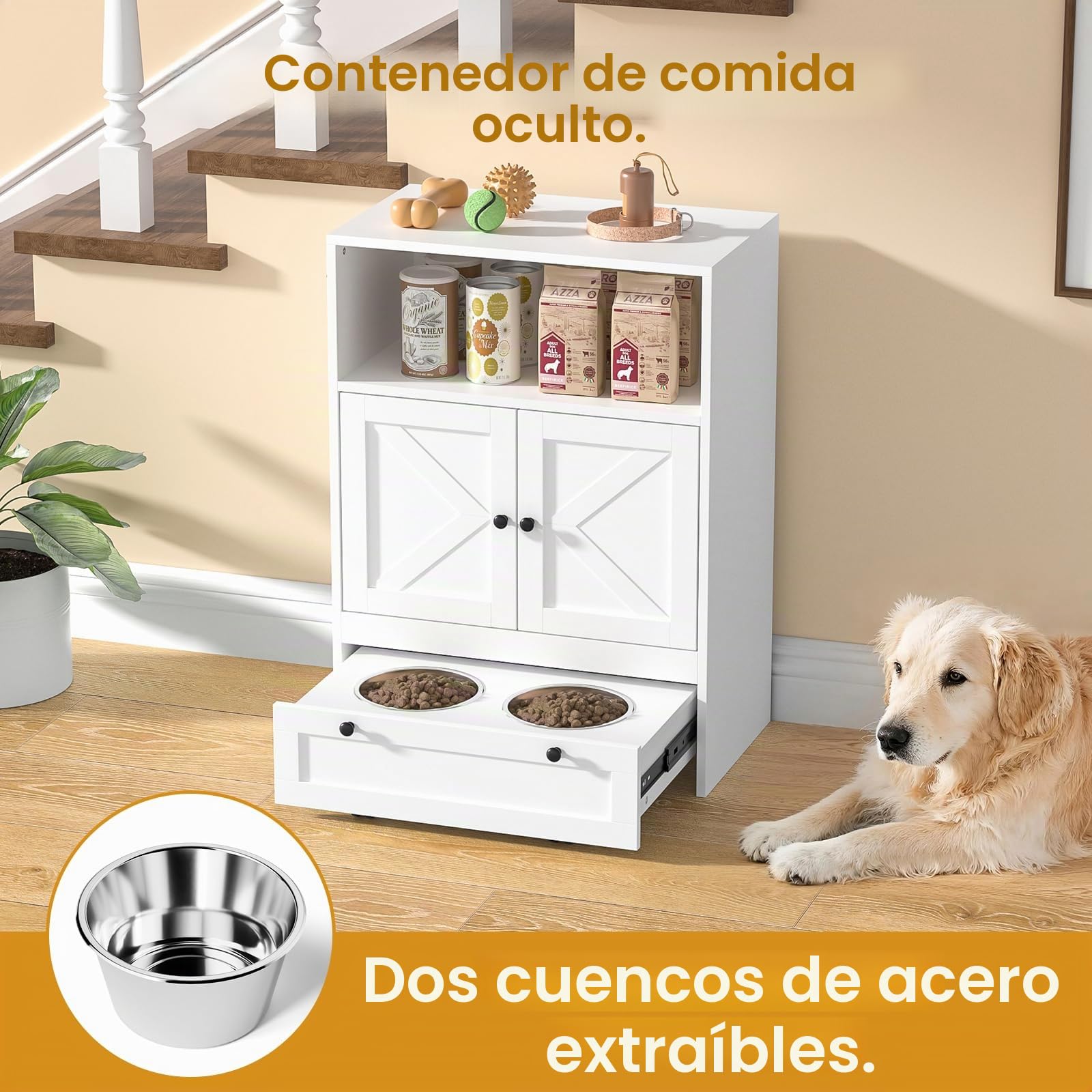 Comedero para Perros con 2 Cuencos de Acero Inoxidable de 60 x 35 x 82 cm, Armario para Mascotas con Armario de Almacenamiento, Armario para Alimentos para Animales, Armario de Almacenamiento y