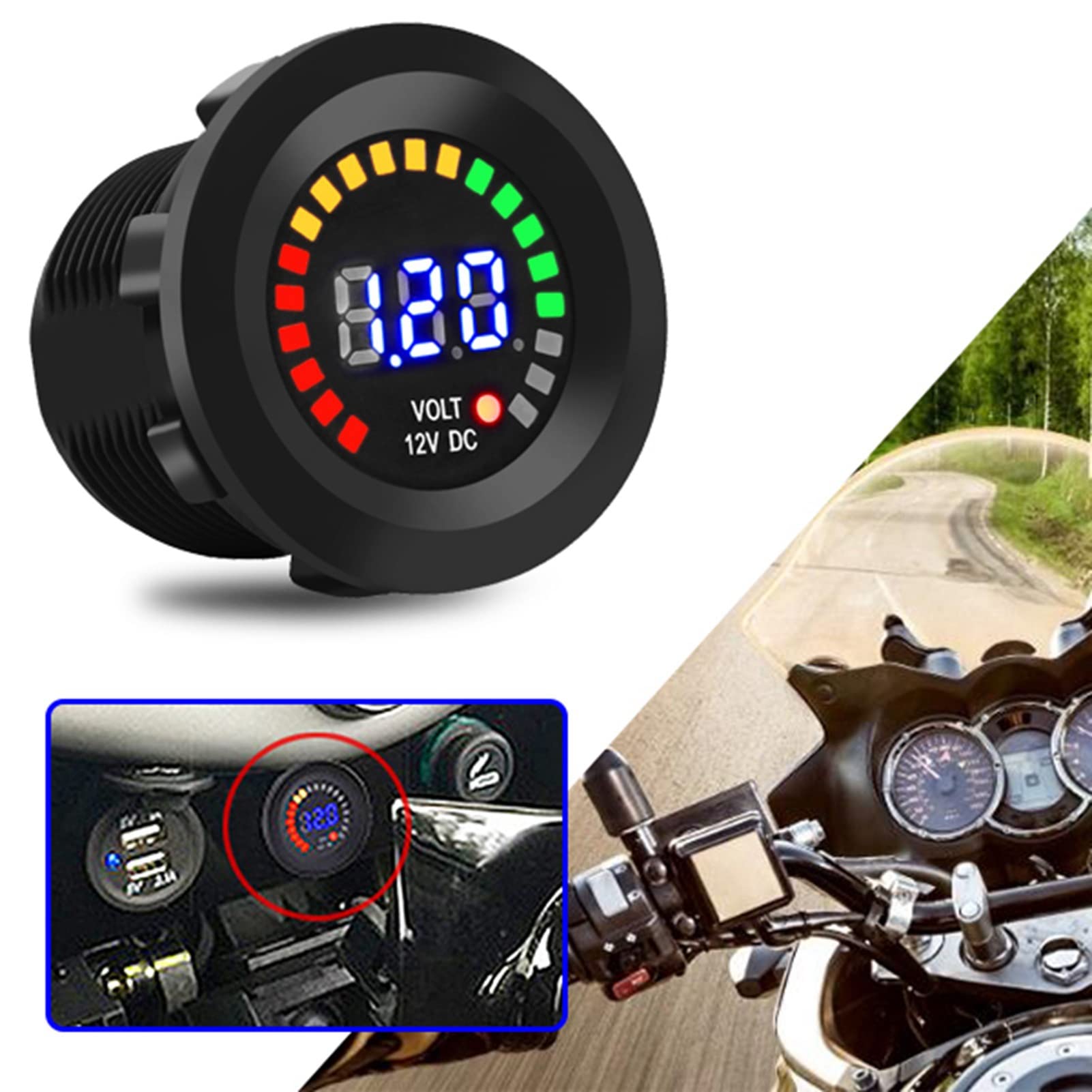 Woltomierz motocyklowy, cyfrowy wyświetlacz LED Akozon 12V Wodoodporny woltomierz/miernik napięcia do samochodu motocykl ciężarówka łódź