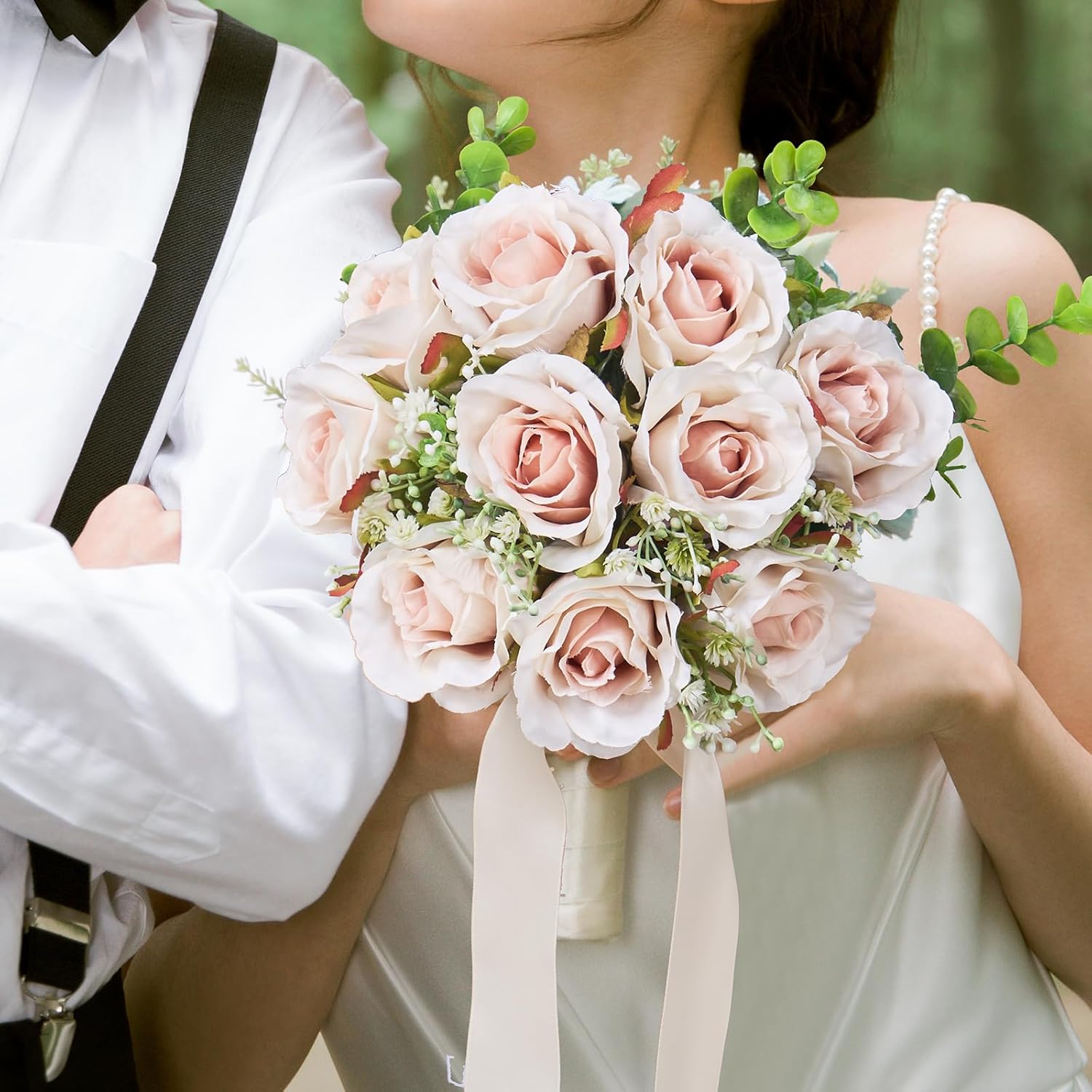 Pink Champagne Roses 10 in, Fake Flowers Wedding Bouquets for Bride, Wedding Silk Artificial Flowers 10pcs for Wedding Party, Ceremony, Anniversary & Home Decor (Come with 3 Styles of 4.5 ft Ribbons) - Image 6