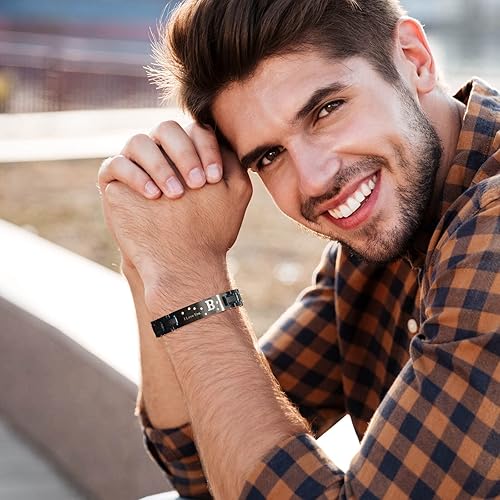 Miniatura 3 de Zillaly Pulsera de acero inoxidable de doble color para hombre, chapado en iones negro y azul, regalo para maridos, padres e hijos de hombre