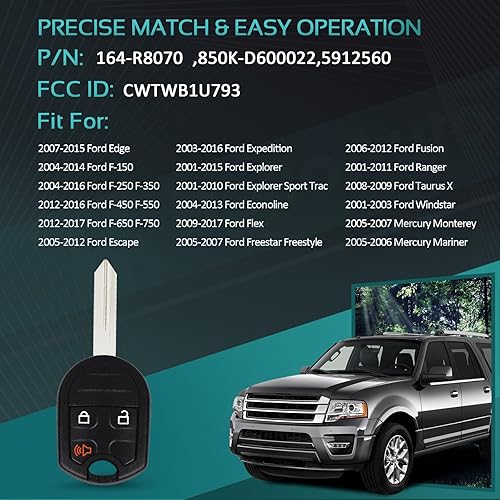 Miniatura 2 de Llavero de repuesto para Ford F-150 2004-2014 F-250 F-350 2004-2016 F-450 Flex 2009-2017 Explorer 2001-2015 Escape Ranger 2001-2011 Fusion Econoline