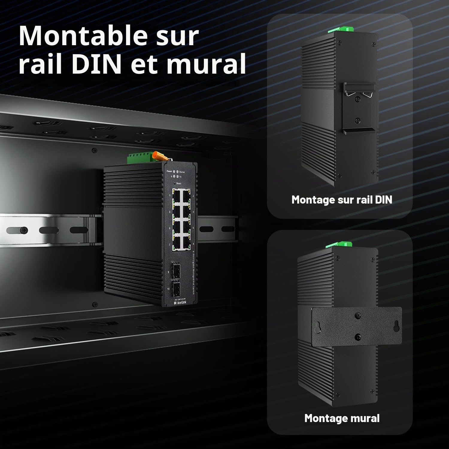 MokerLink 8 Port Gigabit PoE Industrial DIN-Rail Ethernet Switch Managed, 2 SFP Ports, IEEE802.AF/at 96W PoE+ Power, Web L2+ Managed IP40 Network Switch, avec Alimentation électrique