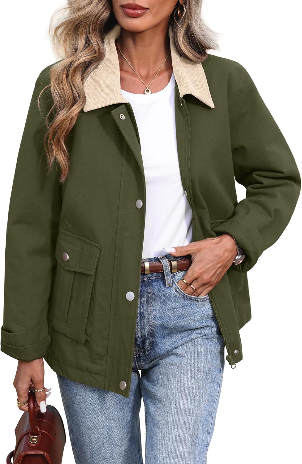 ELLEVEN Padded Barn Jackets for Women Oversized Fall Utility Corduroy Collar Coat, Cotton Outerwear with Pockets