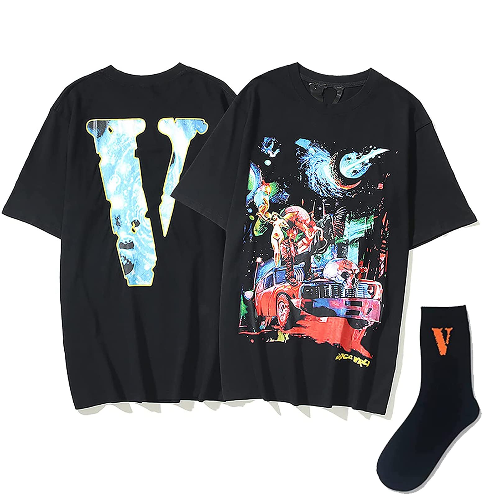Casual Hip Hop Big V Letter Angels Shirt Men's Crew Neck Cotton Tshirt with Black Socks XL