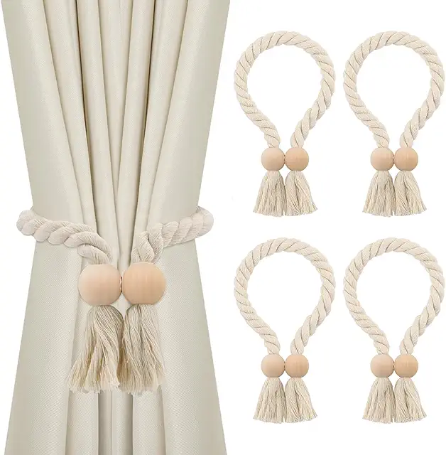 Yuyueda 4er-Set Magnetische Gardinen Raffhalter aus Holz mit Baumwollseil