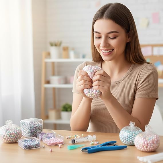 Squishy Making Kit,Diy Empty Stress Ball Skins,Diy Custom Squish-y Maker Set With 6-Color Filling Beads And Tools For Sensory Crafting,Desk Office Stress Relief Ornament (A)