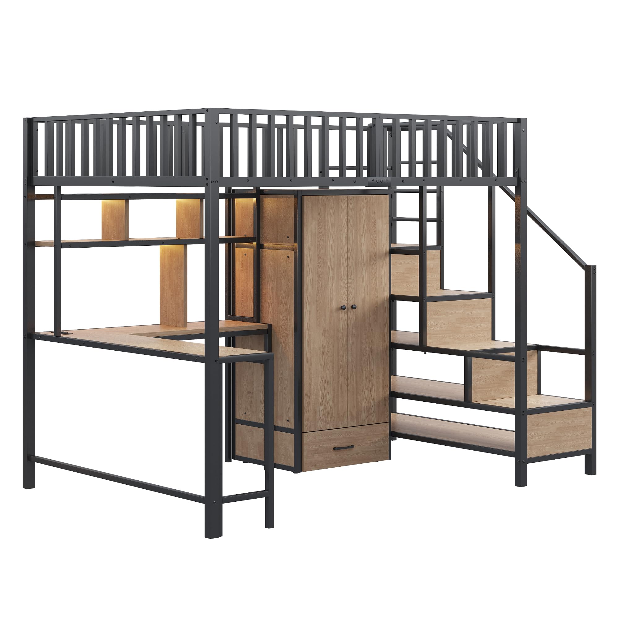 Letto a soppalco da 140 x 200 cm, con scrivania, scaffale, armadio e cassetti, con scala portaoggetti e ringhiera di sicurezza, nero, senza materasso (nero)
