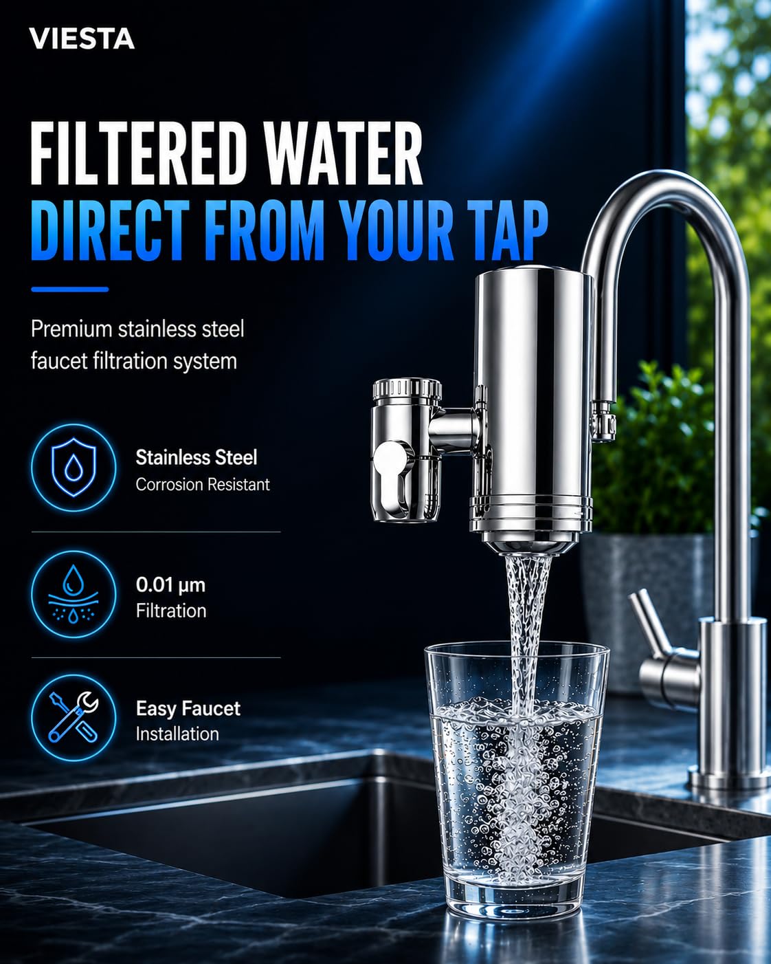 VIESTA® WF100 filtro de grifo acero inox 304, triple 0,01 µm, hasta 2.400 L | CERÁMICA + CARBÓN ACTIVO + MEMBRANA UF: reduce sedimentos, partículas, óxido, turbidez, cloro, microplásticos y microbios