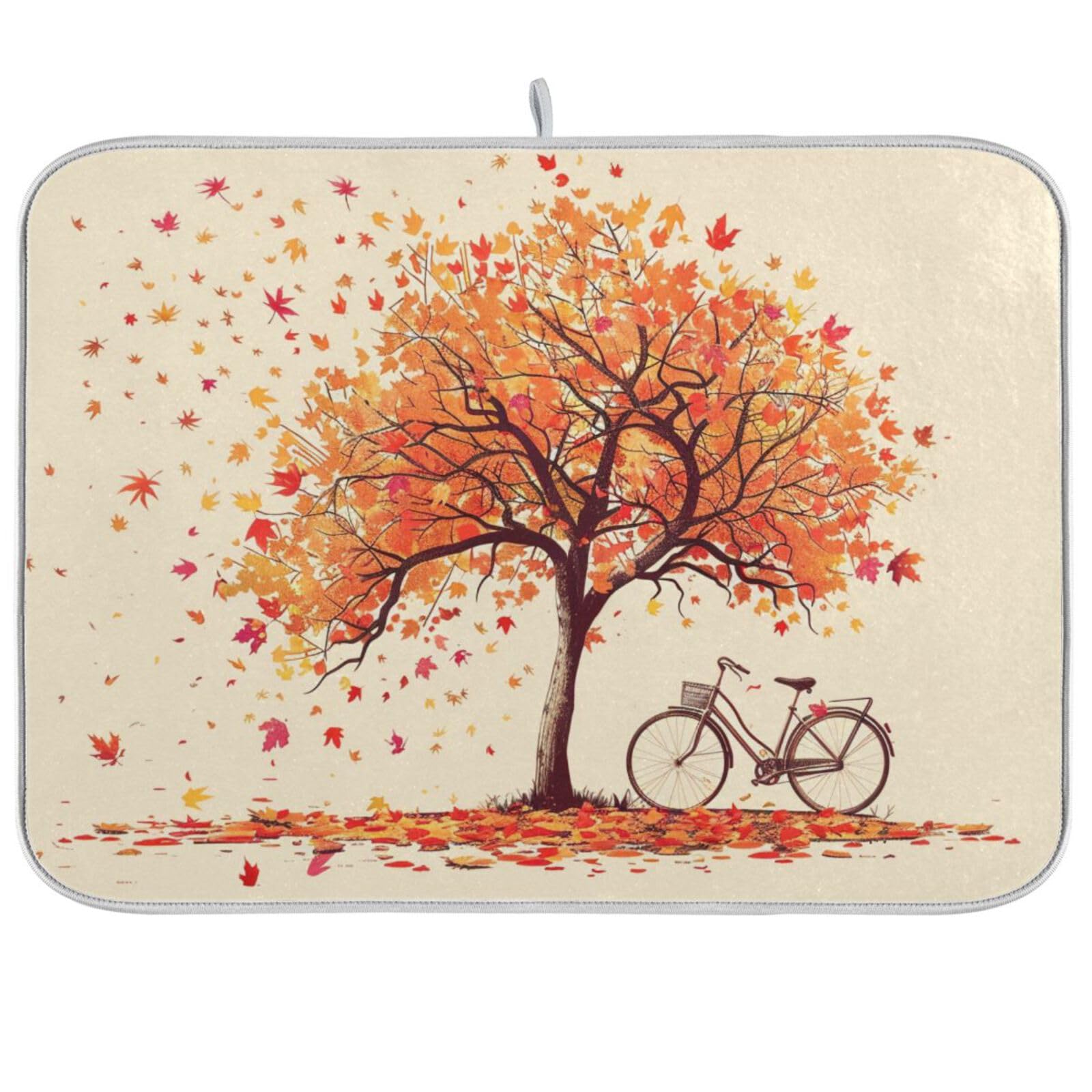 Gorgeous Pattern Kitchen Countertop Dish Drying Mat, Beautiful Tree Fall Leaves Bicycle Absorbent Large 18" x 24" Slip-Resistant Table Protector