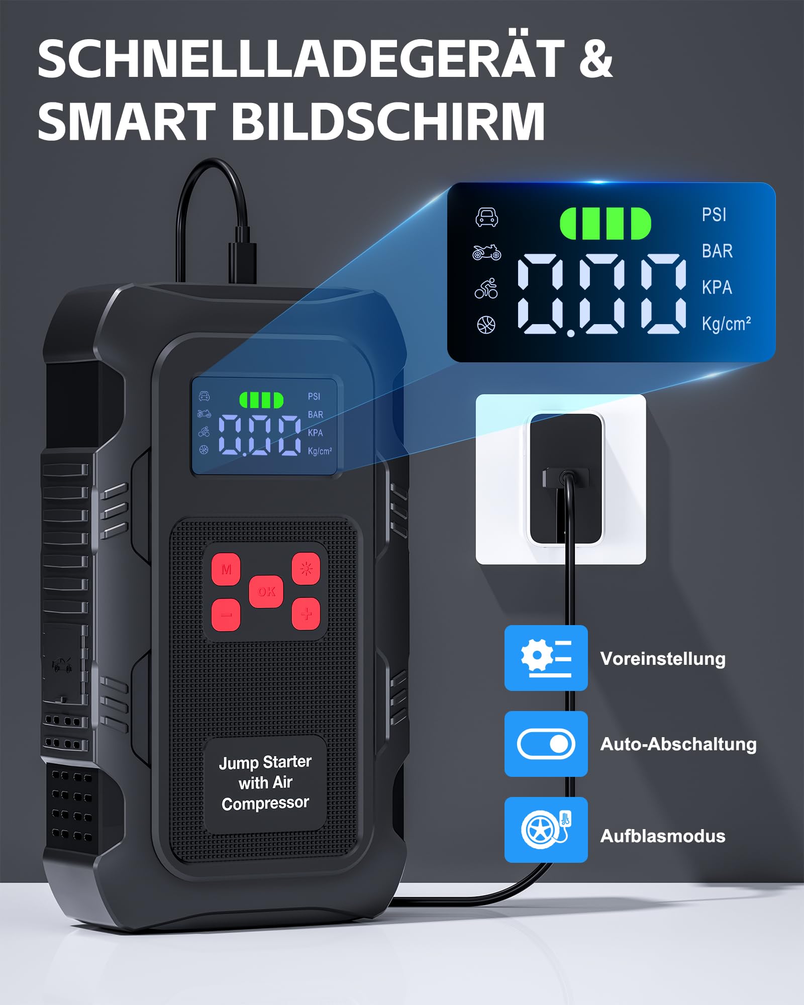 Povasee Starthilfe Powerbank für Pkw mit Kompressor 150 PSI, 6000A Starter Powerbank mit Elektrische Luftpumpe, 12V Auto Starthilfe (10L Benzin/8L Diesel), Jump Starter mit Taschenlampe (Rot)