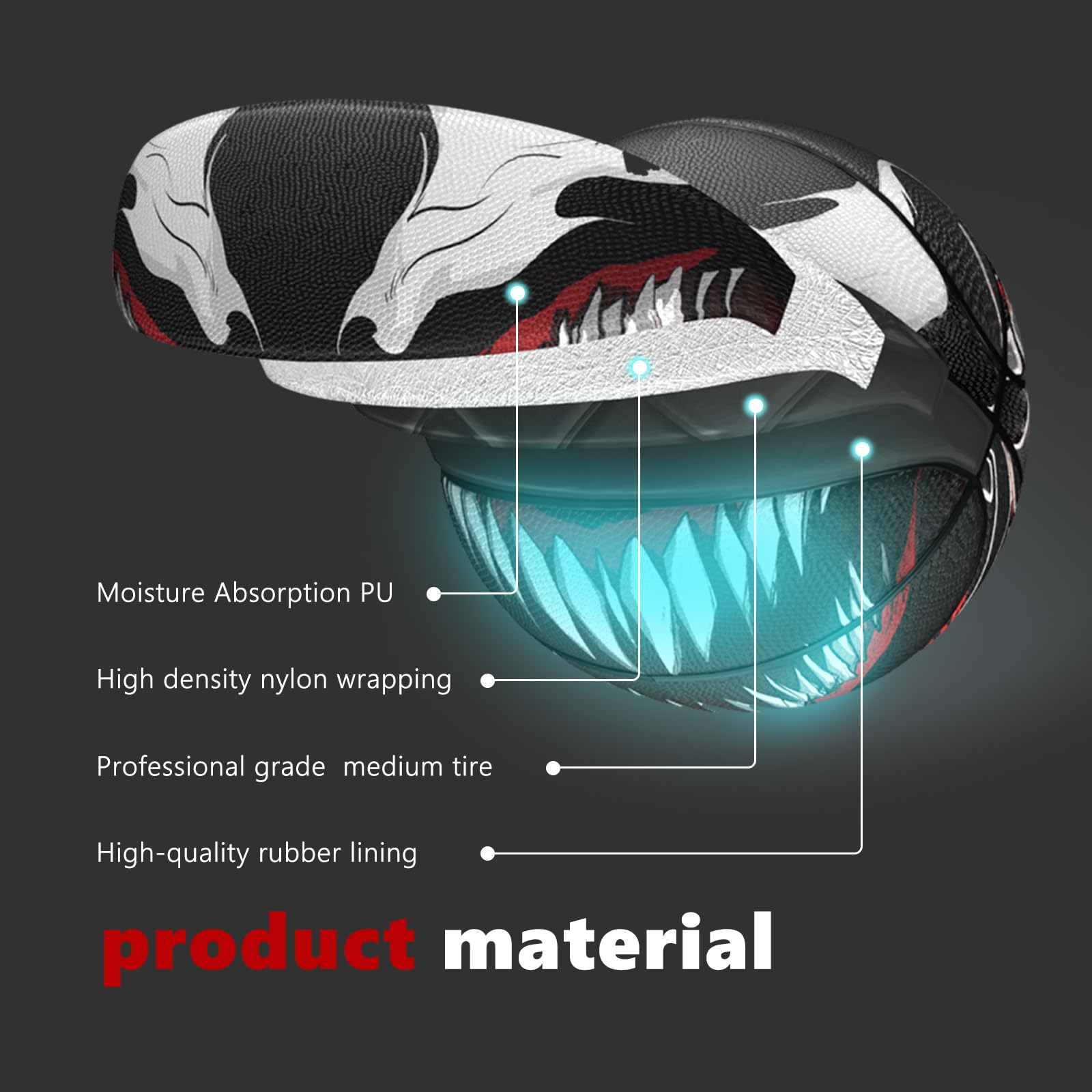 Venoms Printings Glow in The Dark Basketball Cool Glowing Luminous Basketball with Pump and Bag Indoor Outdoor PU Leather Size 7