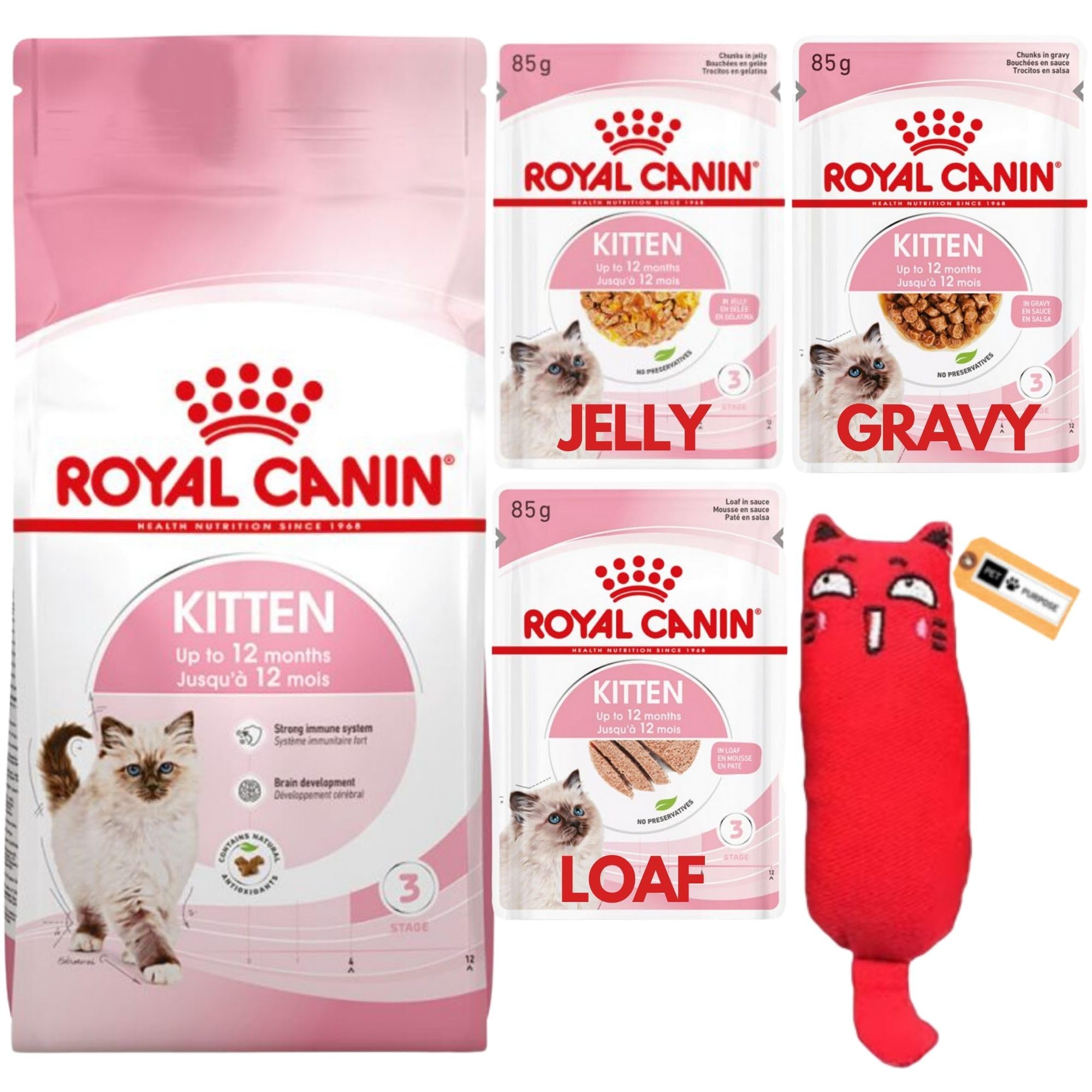 Kitten Food Bundle | Dry 400g, Wet 1 x85g Pouch each of Gravy, Jelly and Loaf in Sauce | Catnip Toy | Cat Kitten Owners