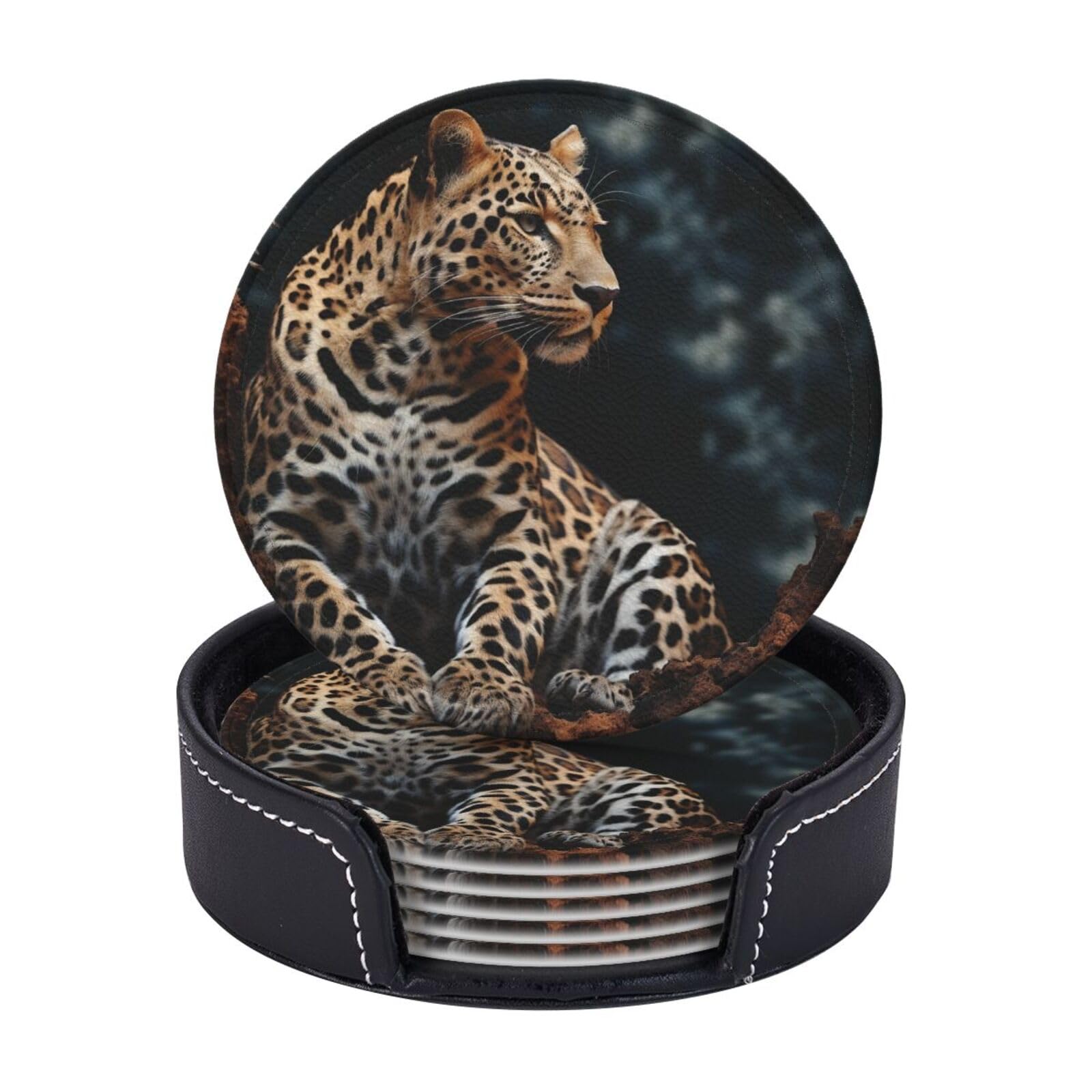 6PCS Drink Coasters with Holder, 4" Leather Coasters for Drinks, A Leopard Sits Cup Coasters for Coffee Table Decor, Non-Slip Drinking Cup Mat for Hot or Cold Drink