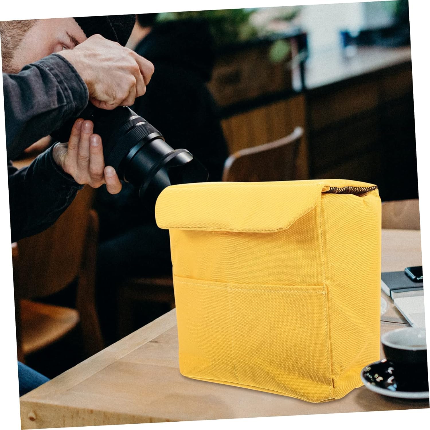 Borsa per inserto per fotocamera Borsa imbottita portatile antiurto impermeabile in spugna nylon per obiettivi per fotocamere SLR con accessori per obiettivi con bastoncino divisorio(L-Giallo)