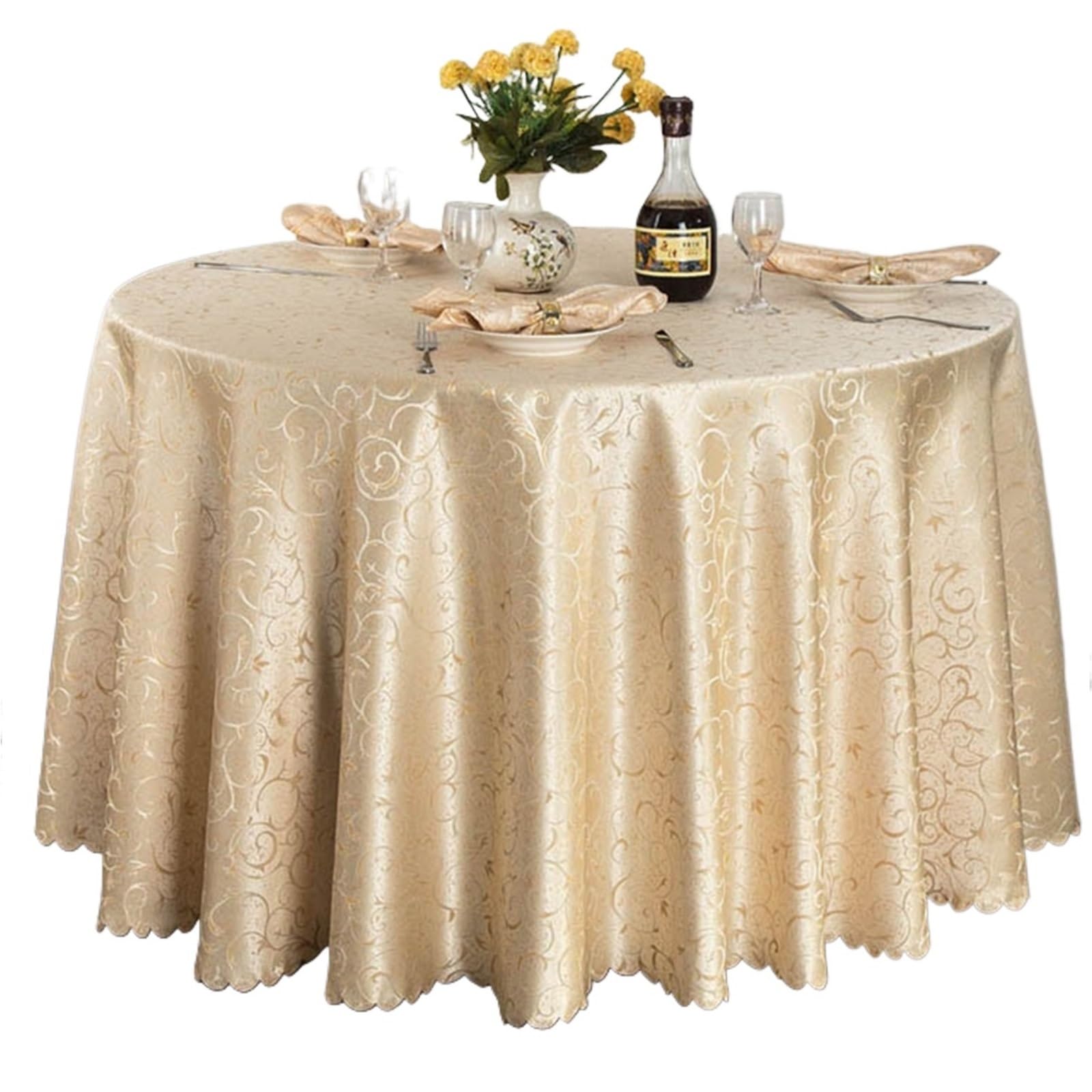 SHENJMAI Round Skirt Tablecloth Circular Hotel Tablecloth Golden Flowers for Wedding Party Decoration Table Skirt Set Restaurant Multipurpose(Beige,Diameter 300cm 1pcs)