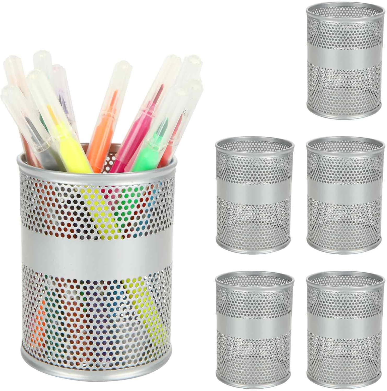AKOLAFE 6Pack Pen Pots for Desk, Silver Pen Pot Holder, Round Desktop