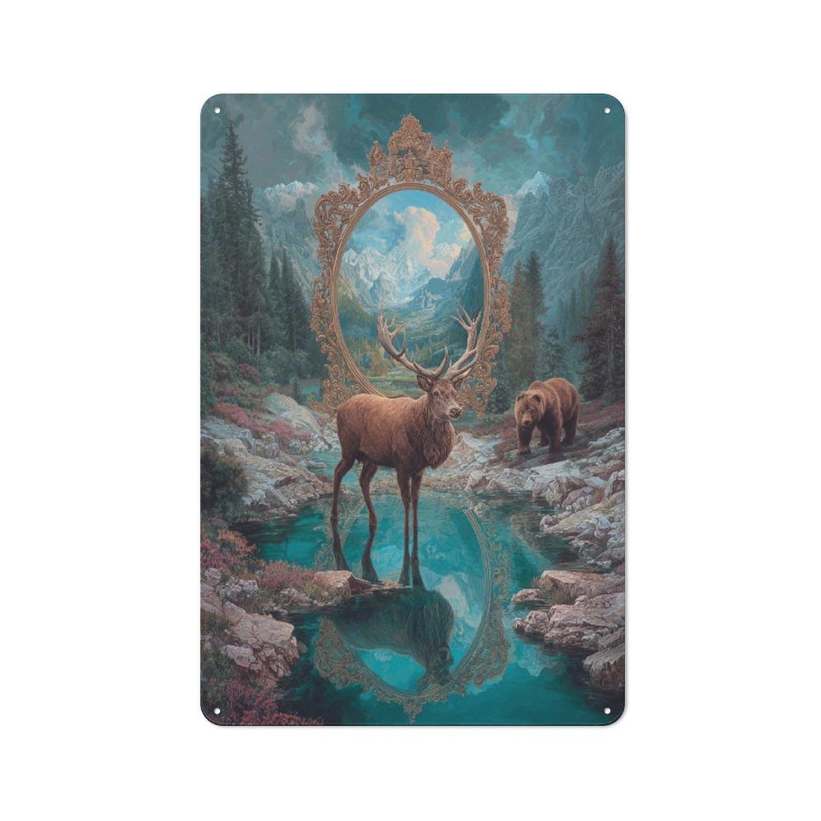 Junmoney Mirror Of Nature Deer And Bear Reflections Decorative Tin Plaque With Design 30X20cm, Classic Novelty Wall Art For Flat, Dorm Room, Lounge Or Cafe