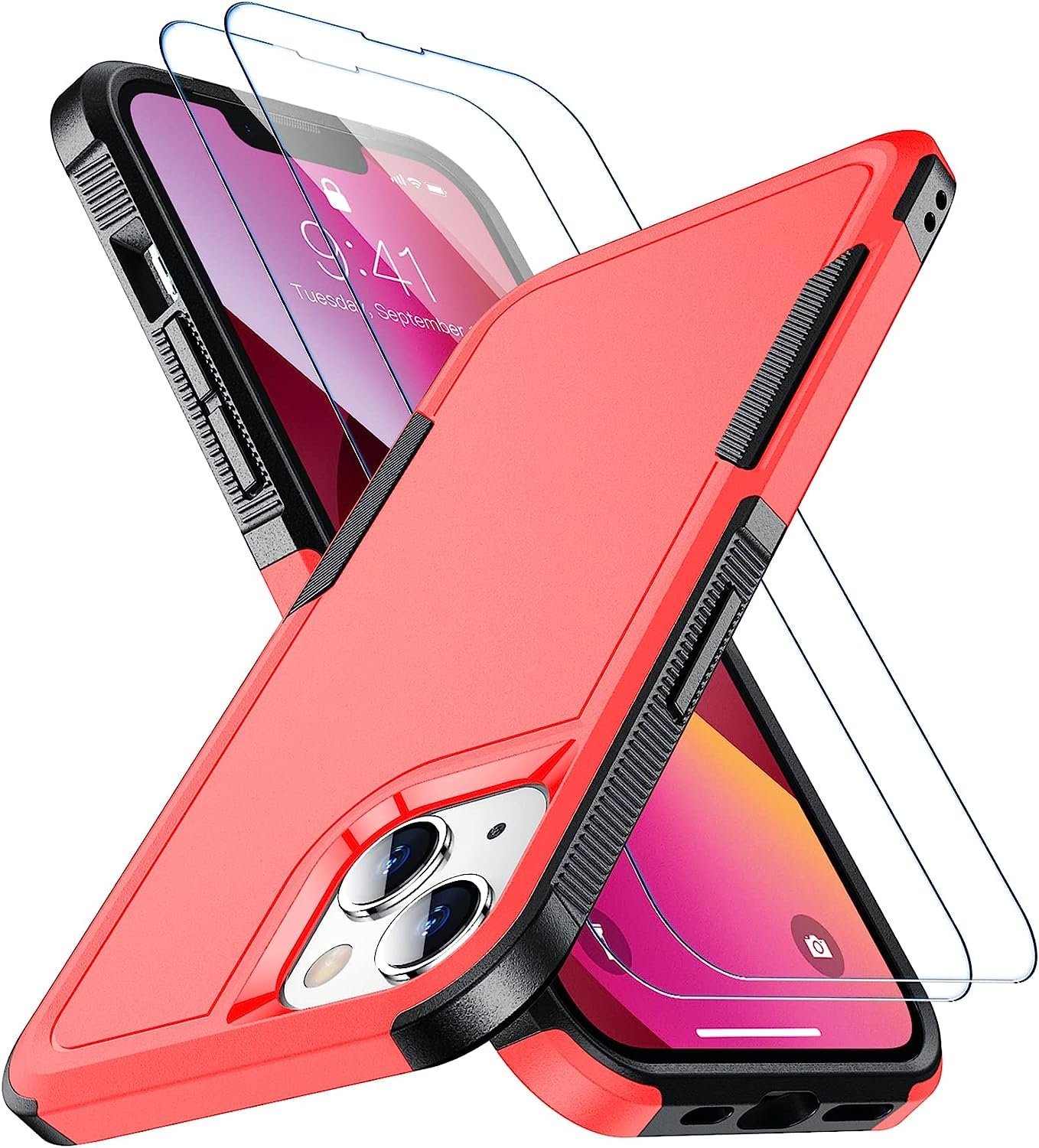 SPIDERCASE Designed for iPhone 13 Case, [10 FT Military Grade Drop Protection] [with 2 pcs Tempered Glass Screen Protector] Slim Case for iPhone 13 6.1 inch -Red