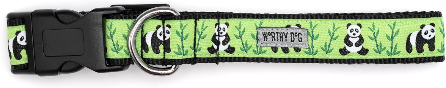 THE WORTHY DOG Collar for Small Dogs, Adjusts 6-12 inches, Durable Nylon Webbing, Quick Release Buckle, Pandas Pattern, Green, X-Small