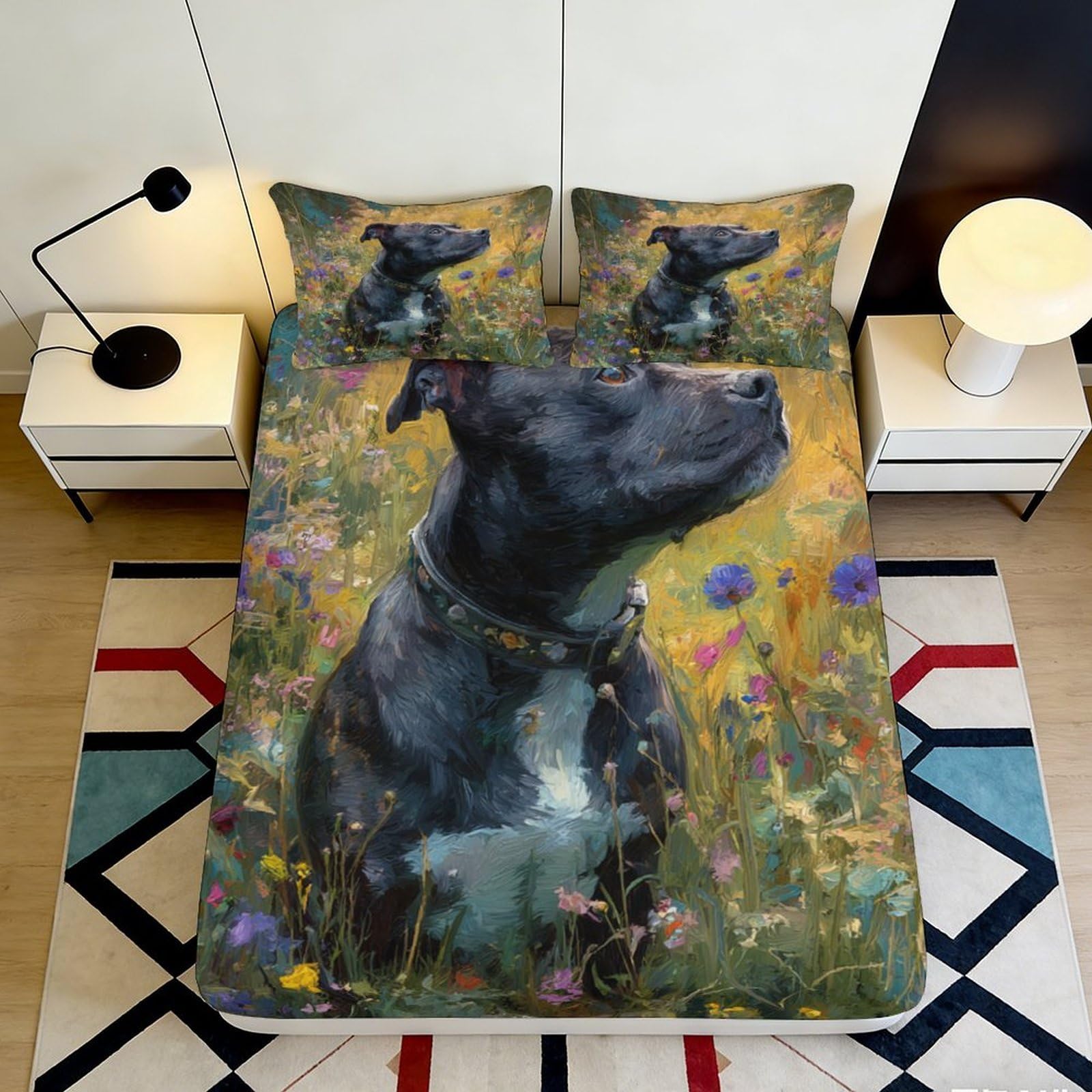 Dhbaneiok Style-8 3D Printed Black Dog Wildflower Fitted Sheet Microfiber Soft Breathable Meadow Bed Cover For Bedroom Dorm Decor 90X200x25cm