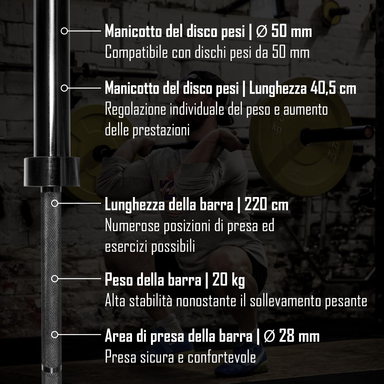 Strength Shop bilanciere olimpico 20 kg, lunghezza 220cm, diametro 28mm, bilanciere palestra in acciaio con attacco per dischi da 50mm, bilancere 20kg perfetto per squat, sollevamento pesi, ecc.