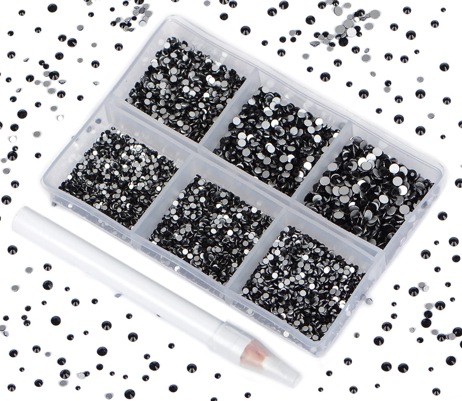 Bymitel 7200 Pieces 6 Mixed Sizes Glue Fix on Glass Rhinestones Round Crystal Gems Flatback for DIY Jewelry Making with one Picking Pen(Mix: SS3-SS10/7200PCS, Black)