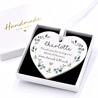 Beecreative Personalised Maid Of Honour Thank You - Eucalyptus Greenery Wedding Ceramic Keepsake - Gift For Maid Of Honour, Bridesmaid- With Gift Box