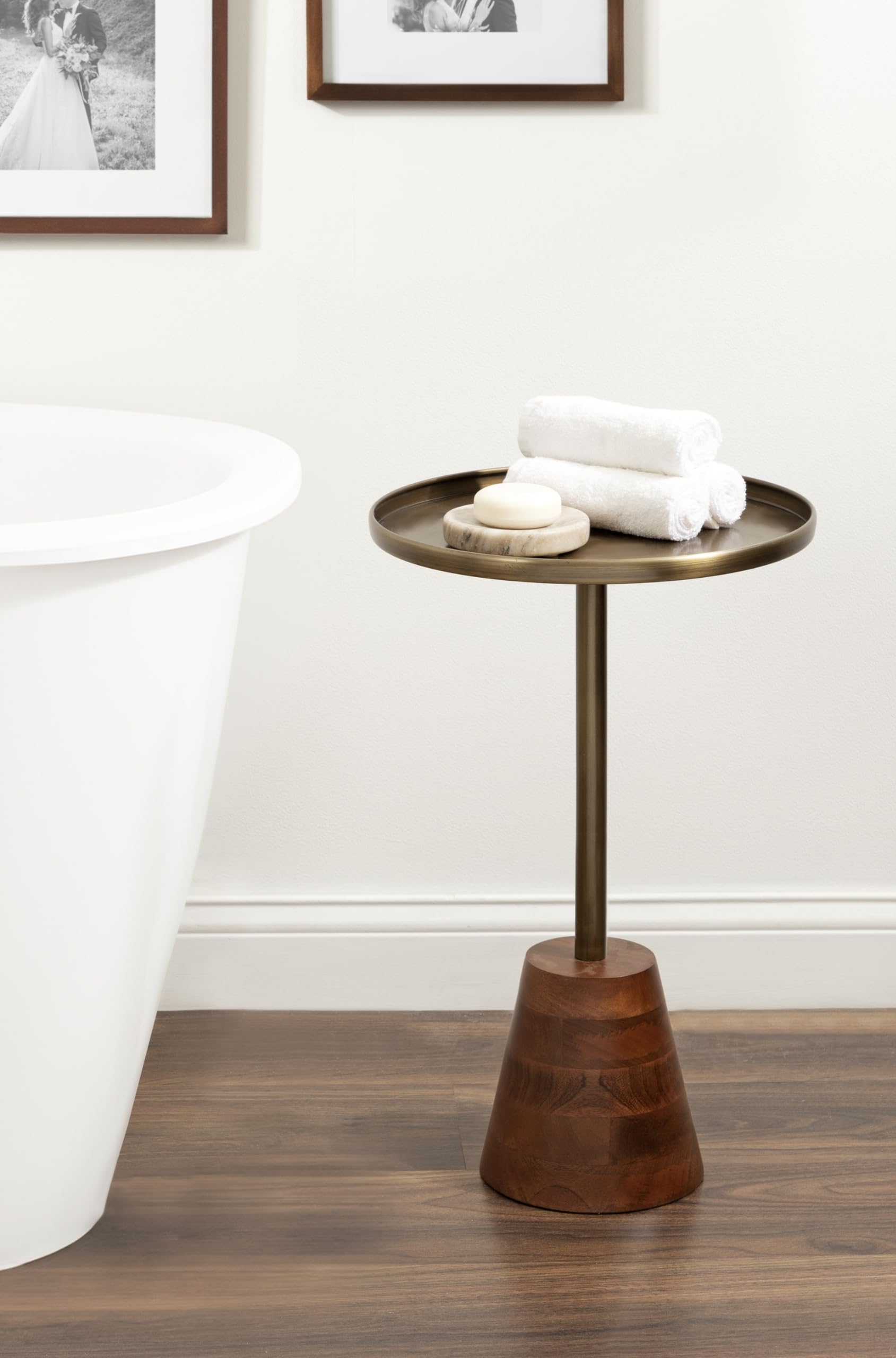 Kate and Laurel Tira Elegant Round Side Table, 14 x 24, Brass and Walnut Brown, Mid-Century Circle End Table for Use as Bedroom Nightstand or Living Room Table Option