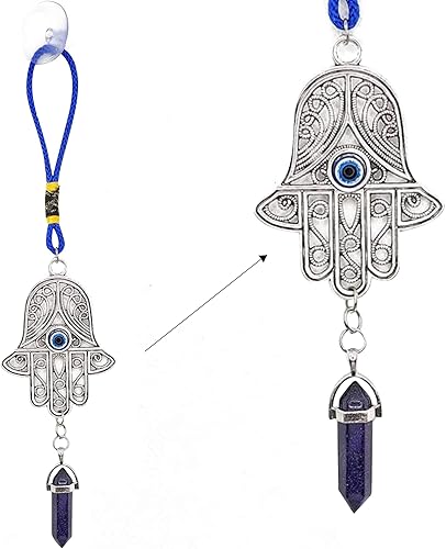LUCKBOOSTIUM Silver Ornate Hamsa Hand Jeweled Keychain - Evil Eye Protection, Hanging Gemstone - Good Luck Charms 1.8"x9"