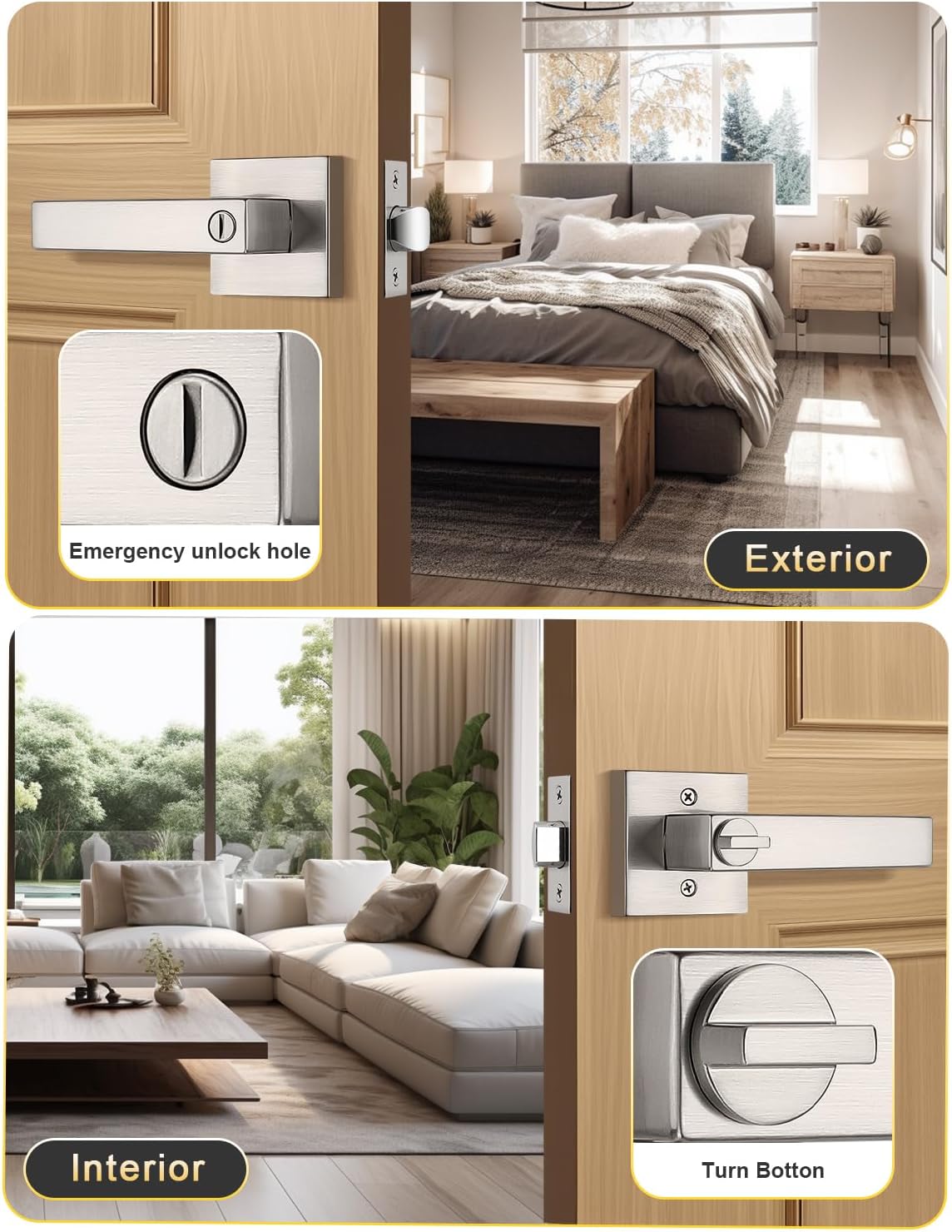 6 Pack Brushed Nickel Door Handles, Privacy Door Lever Set for Bedroom and Bathroom, Left or Right Handed, Satin Nickel Finish, 1.72 lb per Lever