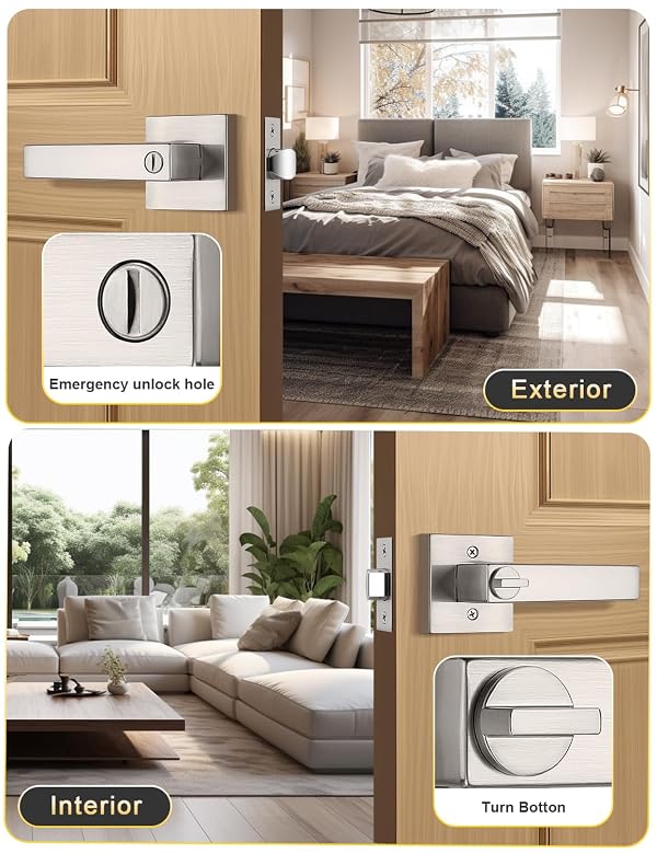 Tinewa 10 Pack Brushed Nickel Door Handle Interior Privacy Door Lock, Bed and Bath Door Lock with Square Rose Modern Keyless Door Lock Handle Reversible for Left & Right by Tinewa - Used condition - Image 2