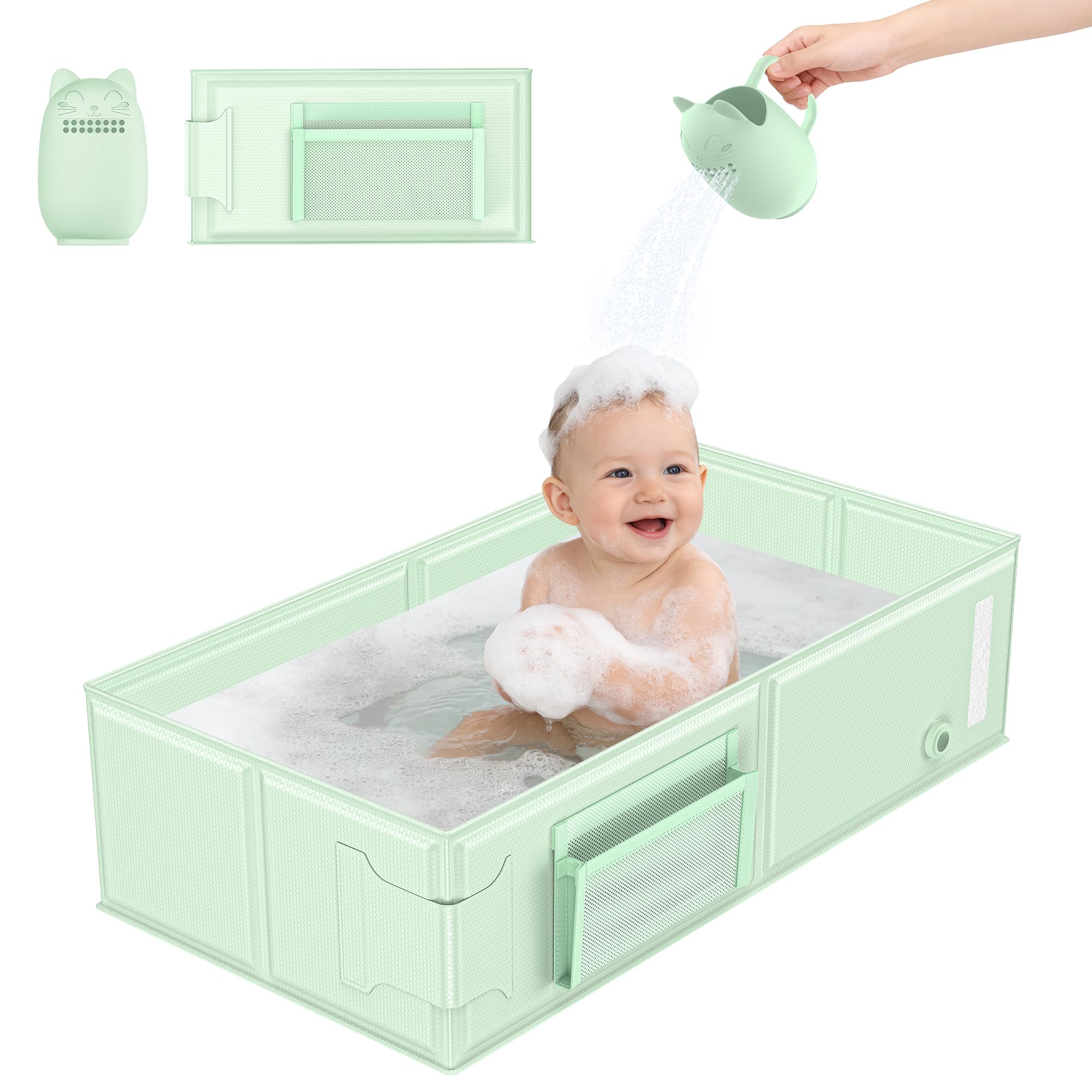 Baby Bathtub Collapsible Portable Bathtub with Cat-Patterned Bath Rinse Cup Foldable Bath Tub for Small Bathroom Toddler Tub