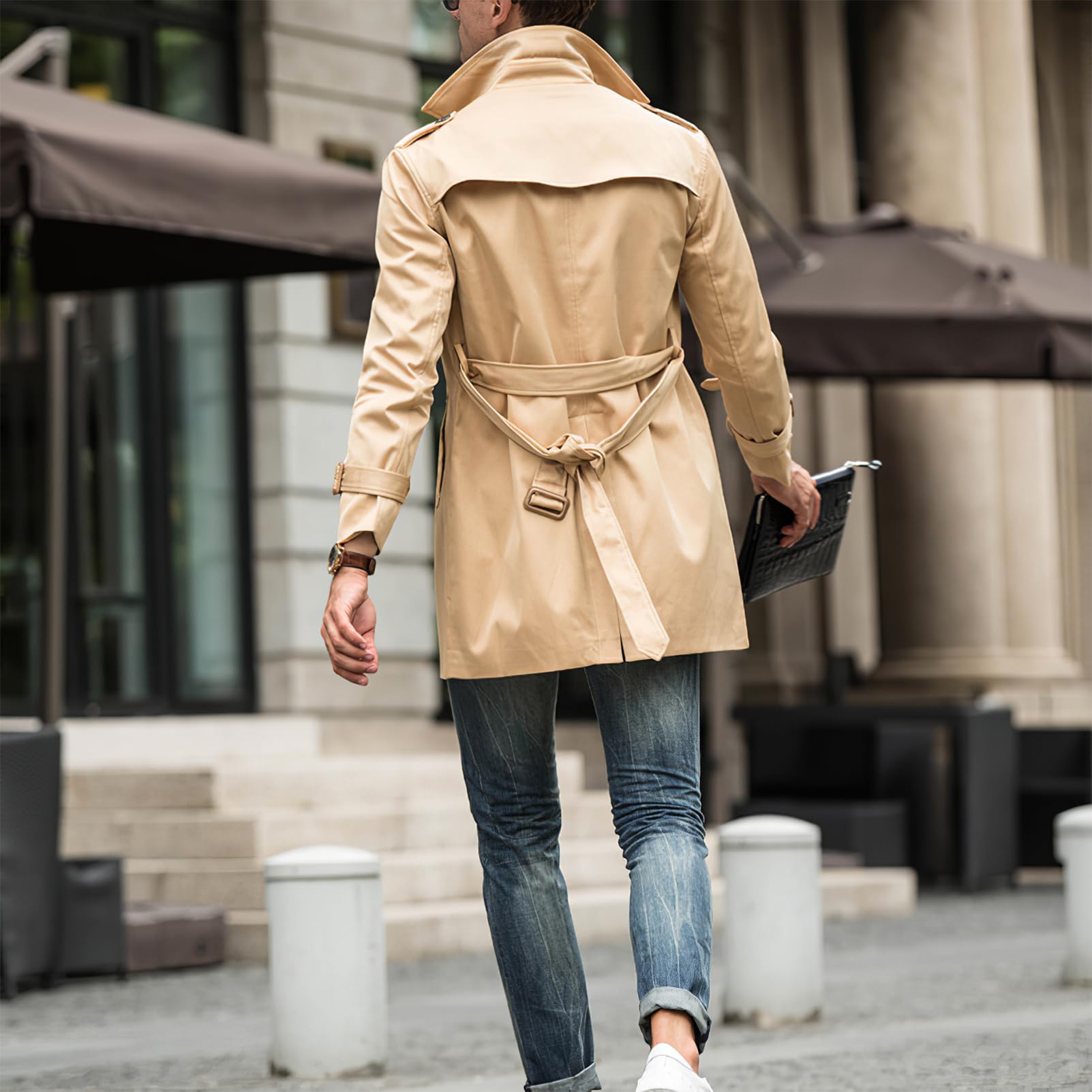 amropi Herren Trenchcoat Zweireihiger Revers Winddicht Mantel Windjacke mit Gürtel