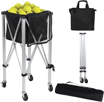 Tennis Ball Hopper-Foldable Tennis Ball Cart Basket, Holds 160 Balls, Pickleball Ball Holder with Removable Bag Side Pockets, for Tennis/Pickleball/Baseball/Softball