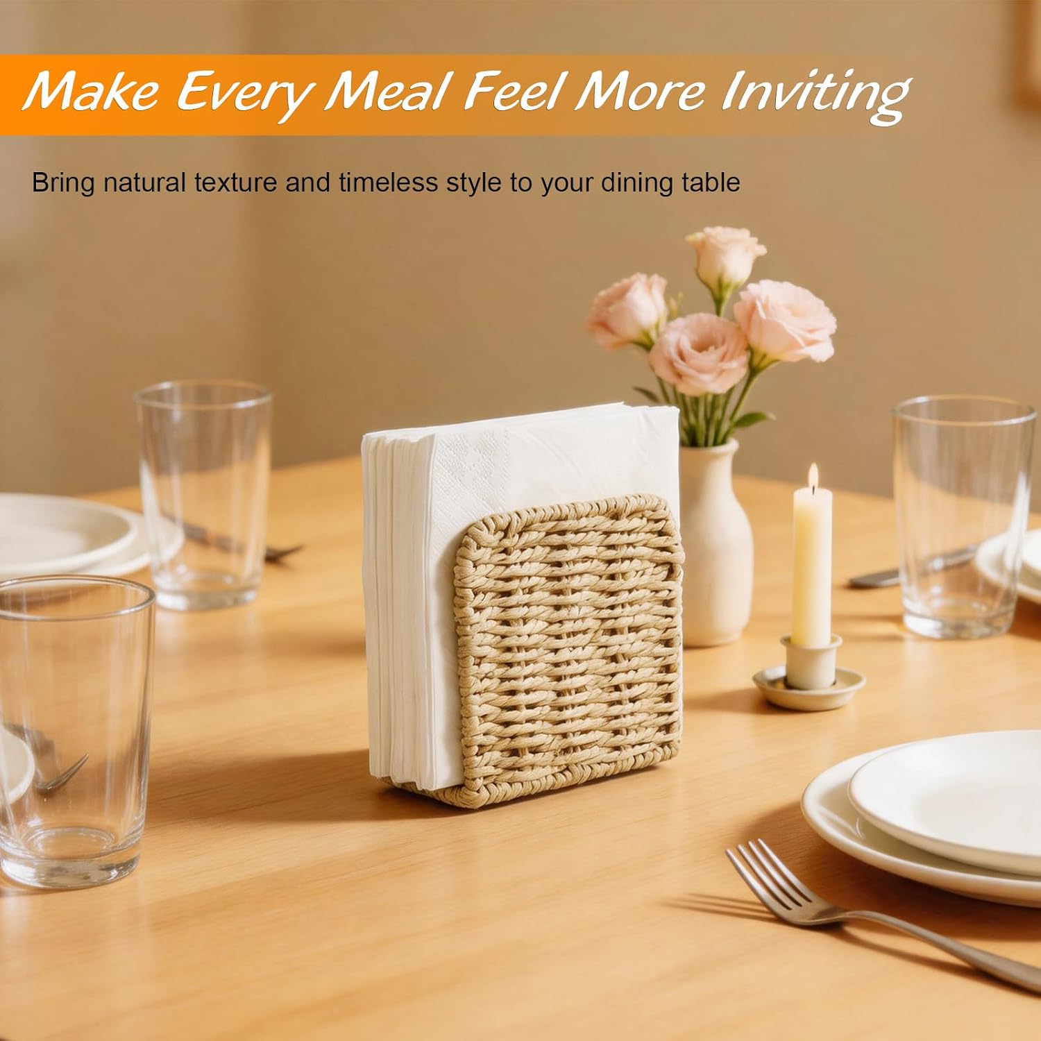 ALELION Paper Rope Napkin Holder for Table, Upright Standing Napkin Organizer, Natural Handwoven Square Napkin Holder for Dining Table, Kitchen Counter, Picnic, Patio, Farmhouse Table Decor
